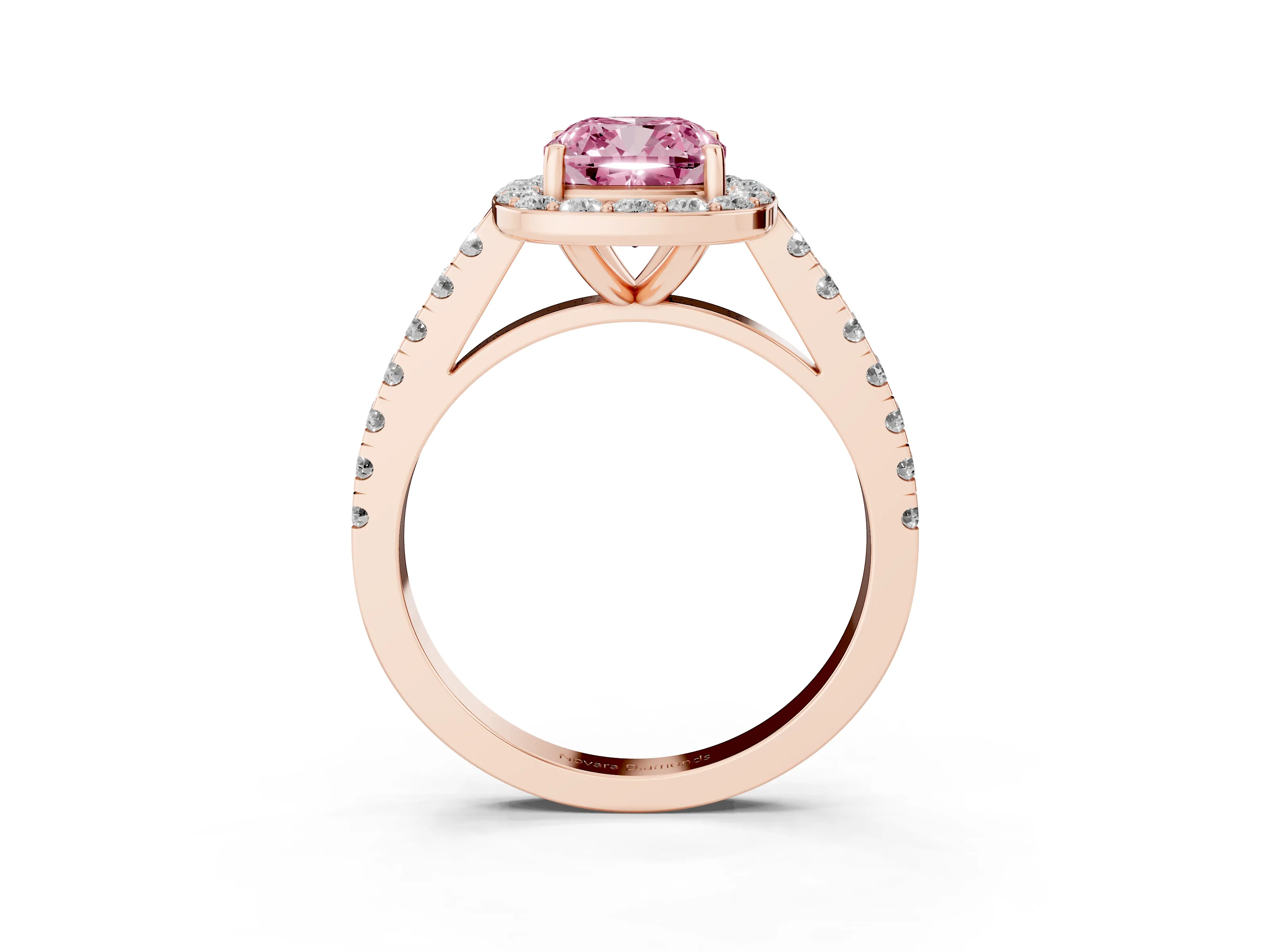 Fancy Pink Cushion Cut Diamond Halo Ring Set in Rose gold with Round Pavé Split Shank and Prong Setting