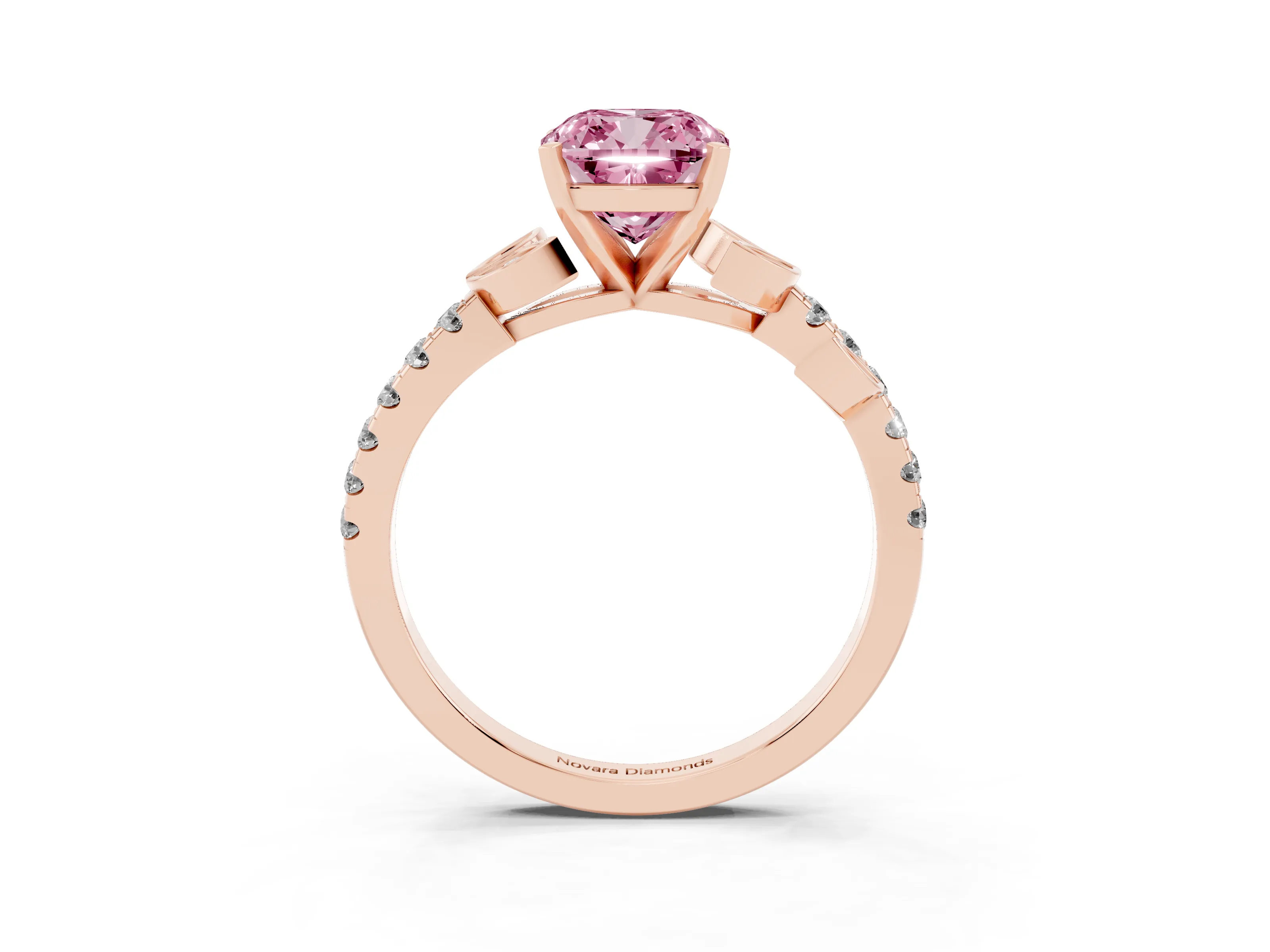 Fancy Pink Cushion Cut Diamond Solitaire Leaf-Inspired Ring Set in Rose gold with Pavé Band and Prong Setting
