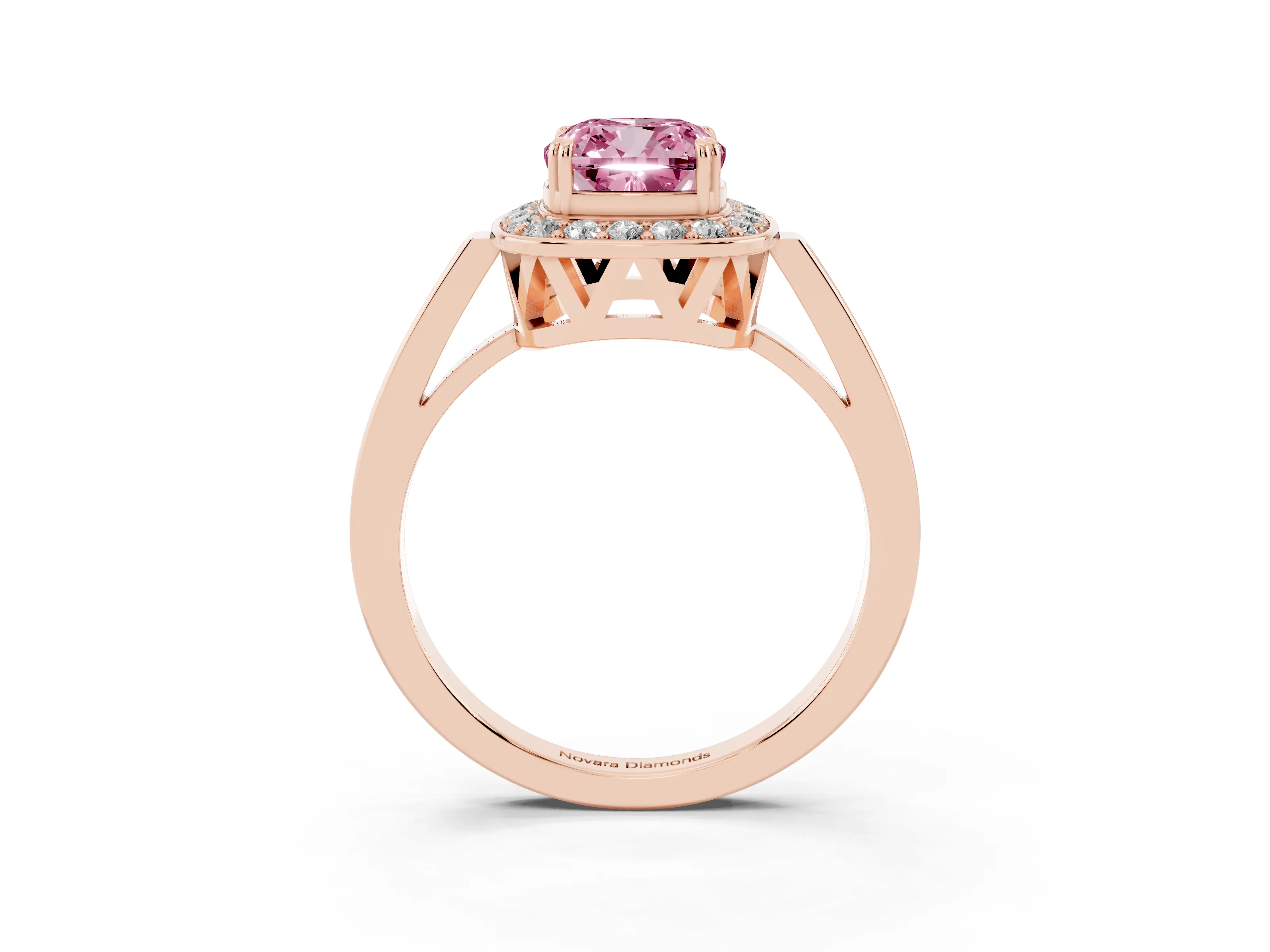 Fancy Pink Cushion Cut Diamond Halo Ring Set in Rose gold with Accent-Lined Split Shank and Prong Setting