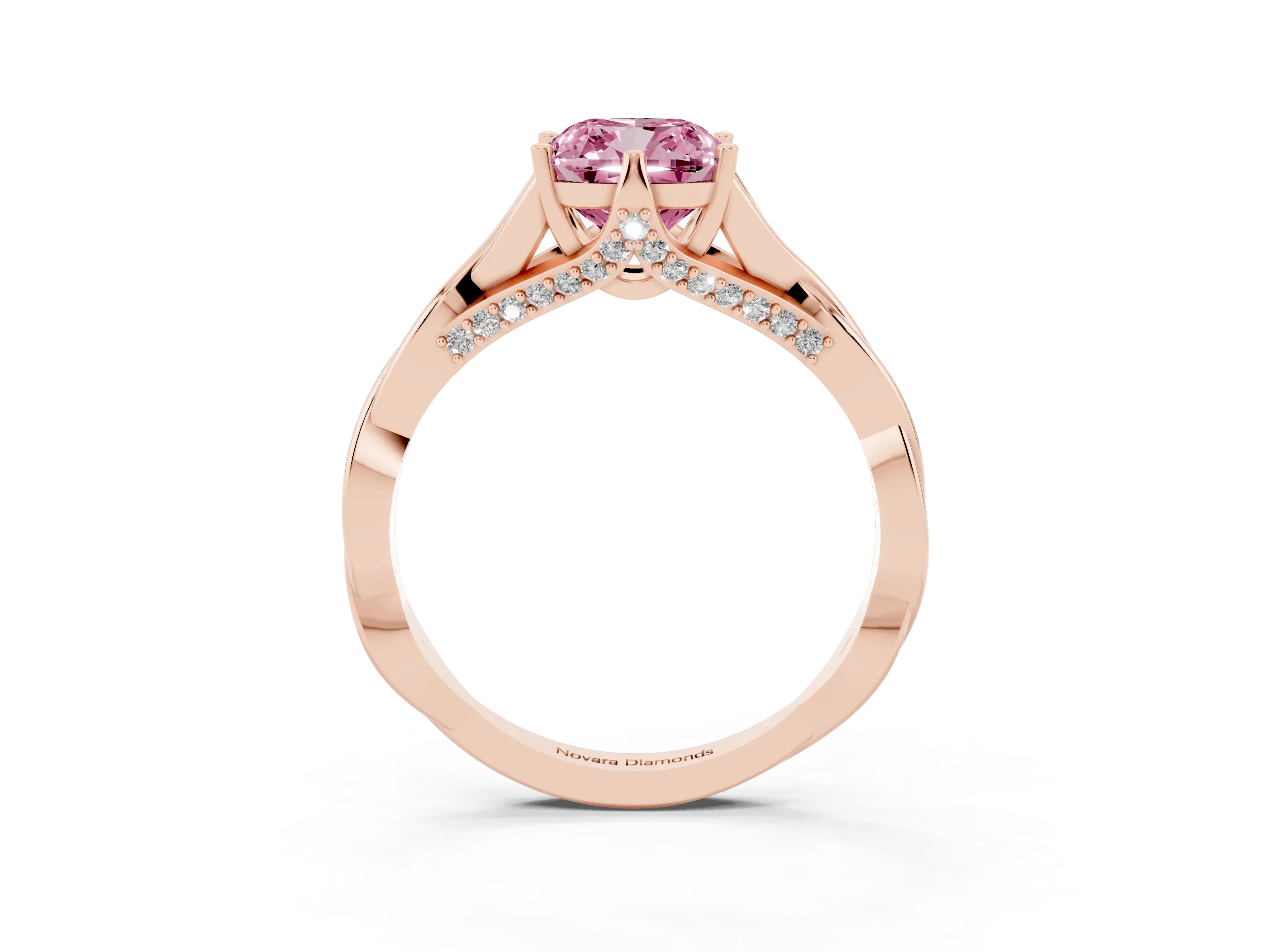 Fancy Pink Cushion Cut Diamond Intertwined Twist Band Solitaire Ring Set in Rose gold with Prong Setting