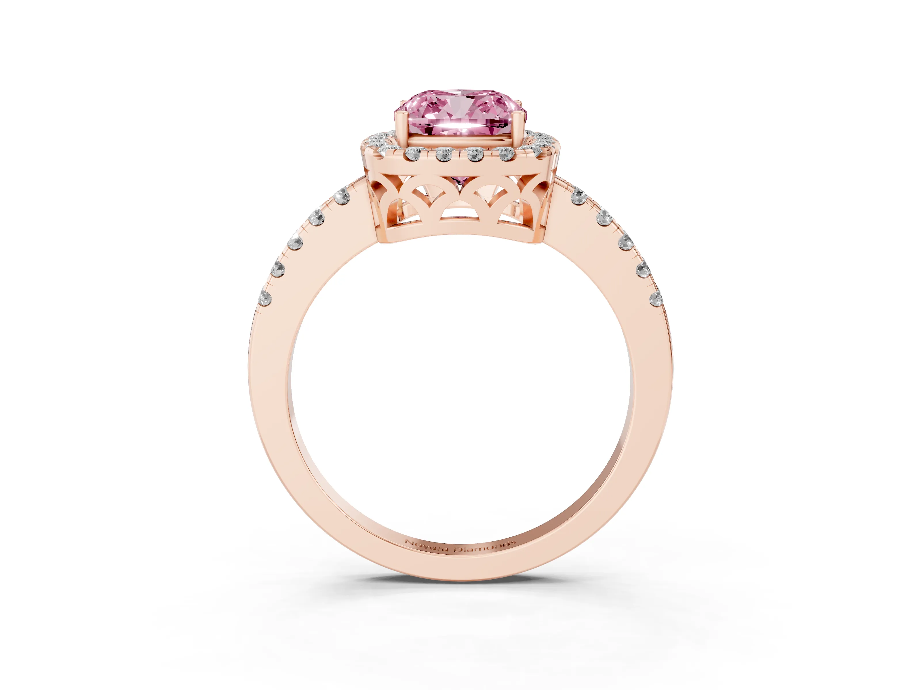 Fancy Pink Cushion Cut Diamond Pavé Band Halo Engagement Ring Set in Rose gold with Prong Setting