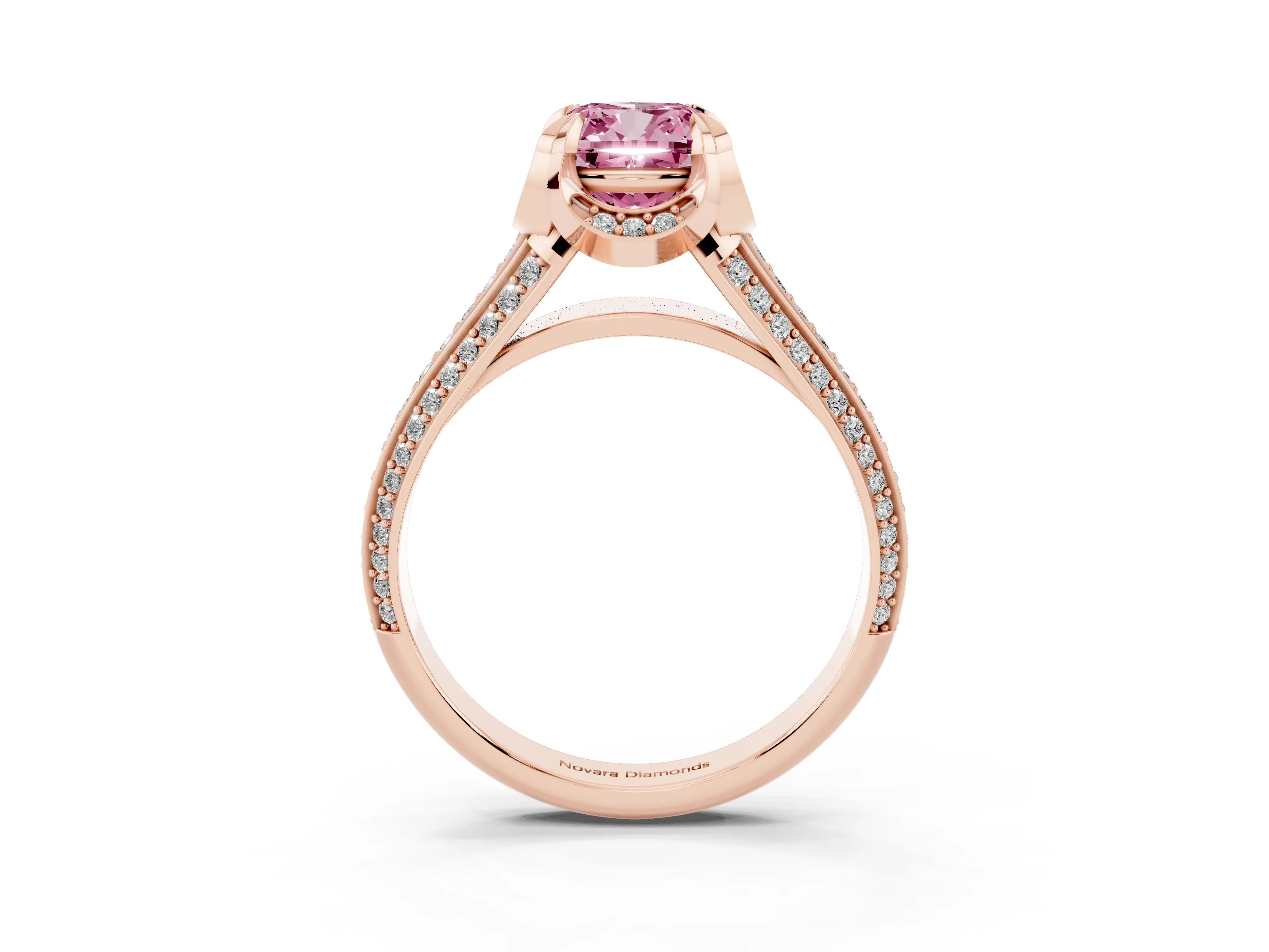 Fancy Pink Cushion Cut Diamond Pavé Split Shank Solitaire Ring Set in Rose gold with Prong Setting