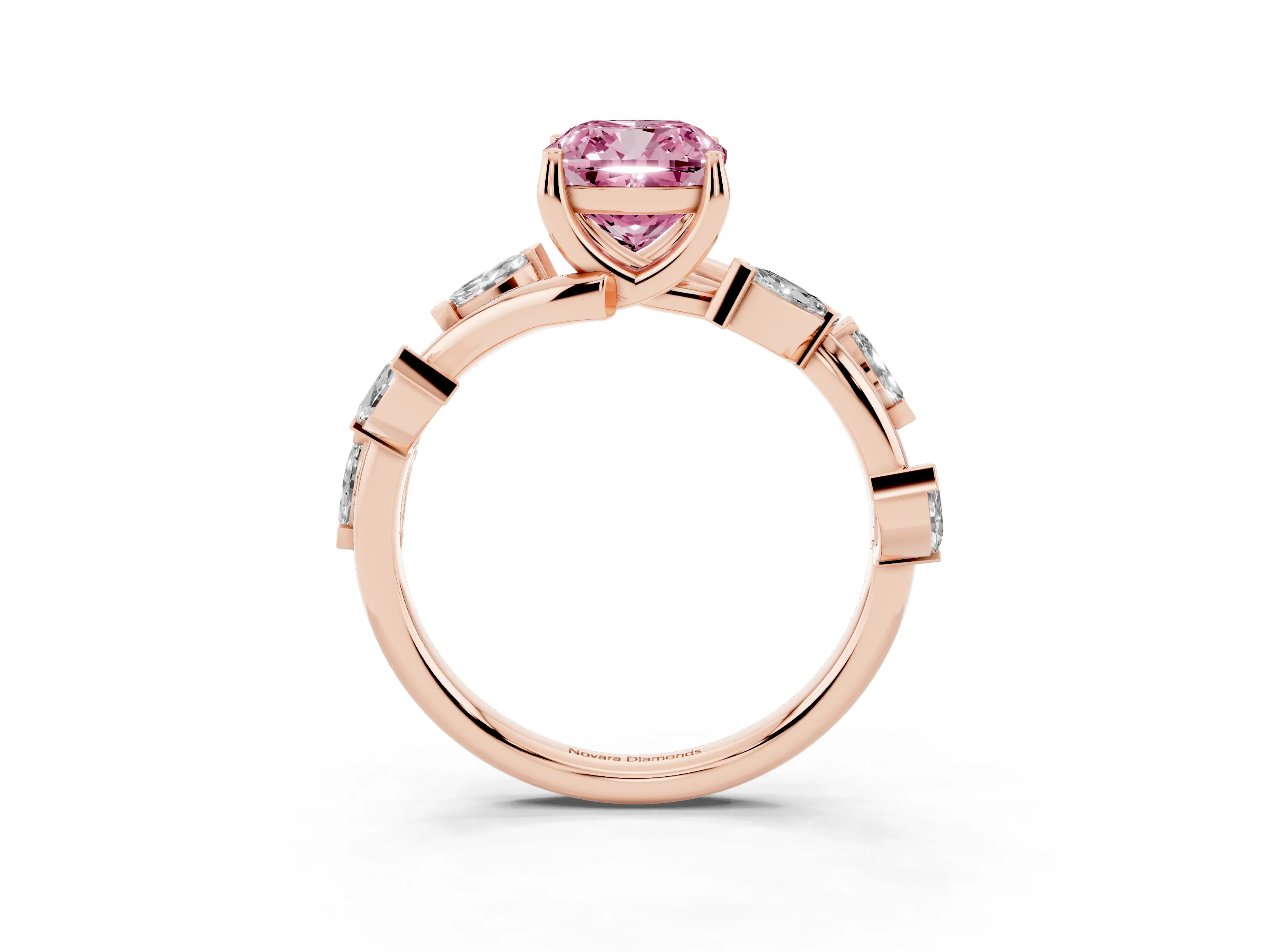 Fancy Pink Cushion Cut Diamond Solitaire Ring Set in Rose gold with Twisted Marquise Accent Band