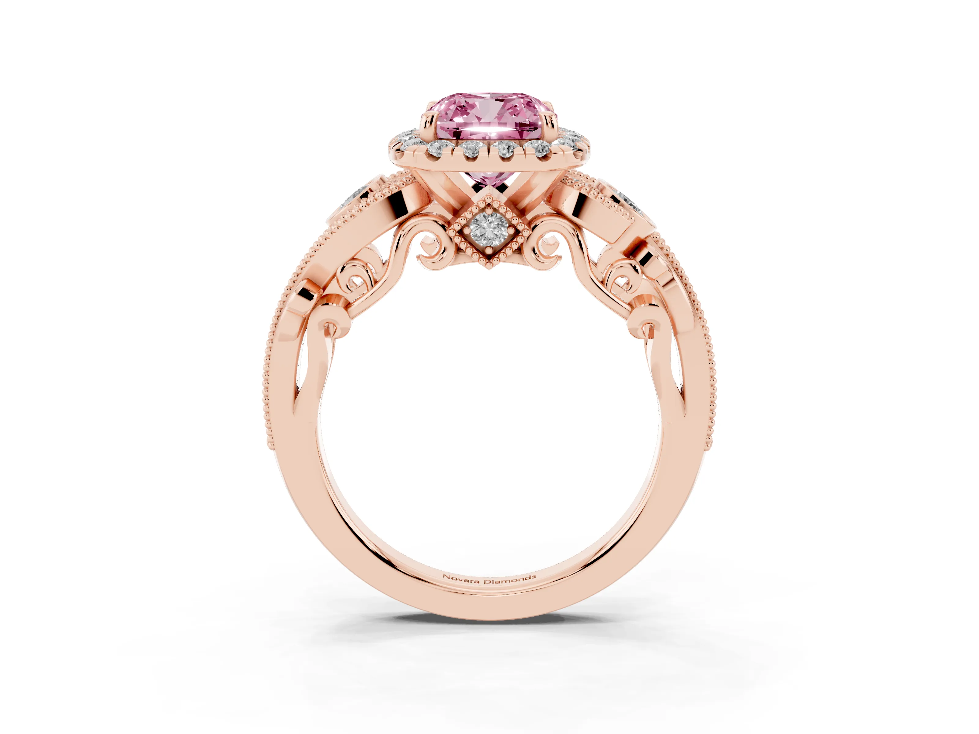 Fancy Pink Cushion Cut Diamond Halo Ring Set in Rose gold with Milgrain Pavé Band and Prong Setting