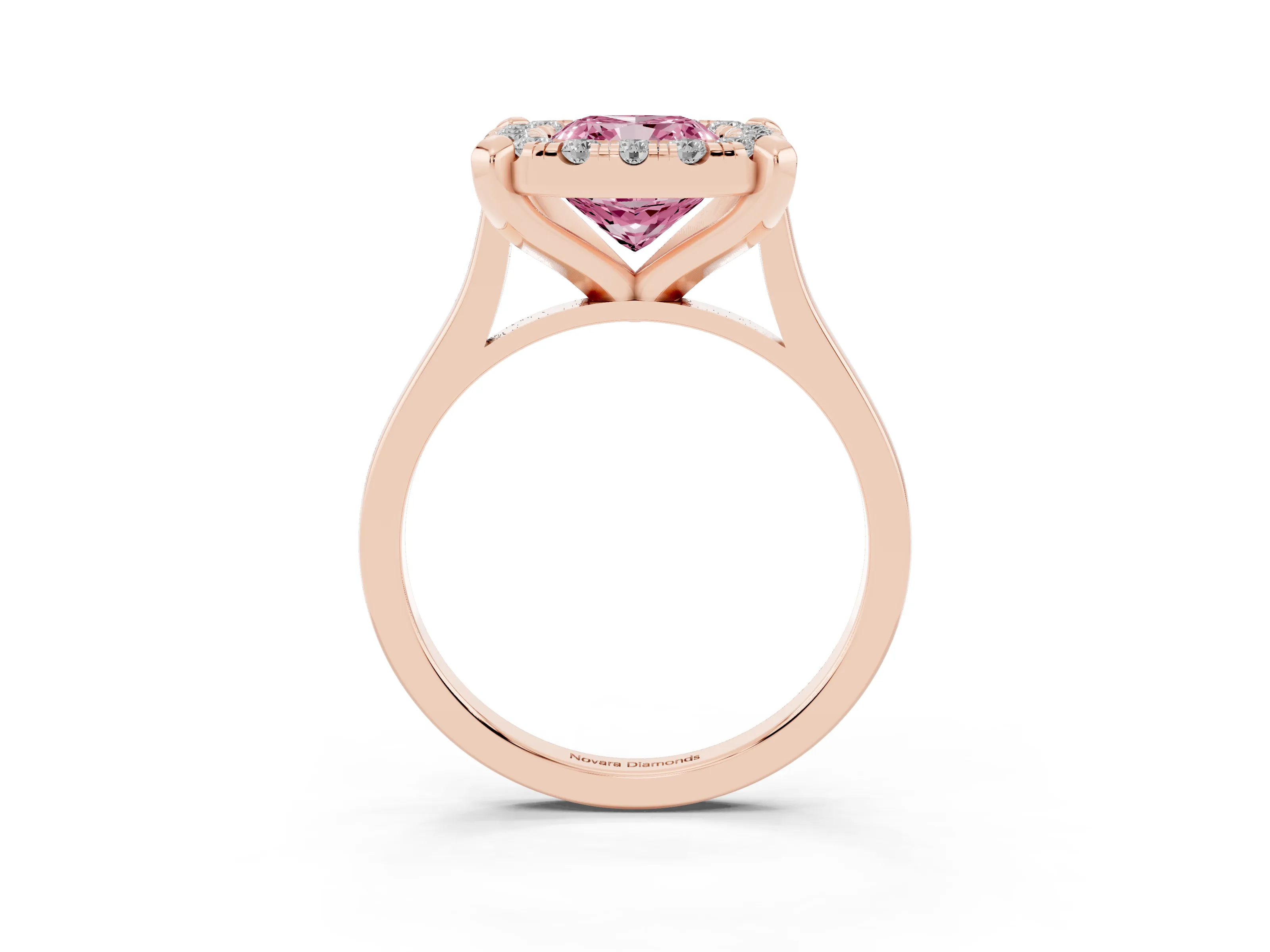 Fancy Pink Cushion Cut Diamond Cluster Halo Solitaire Ring Set in Rose gold with Prong Setting
