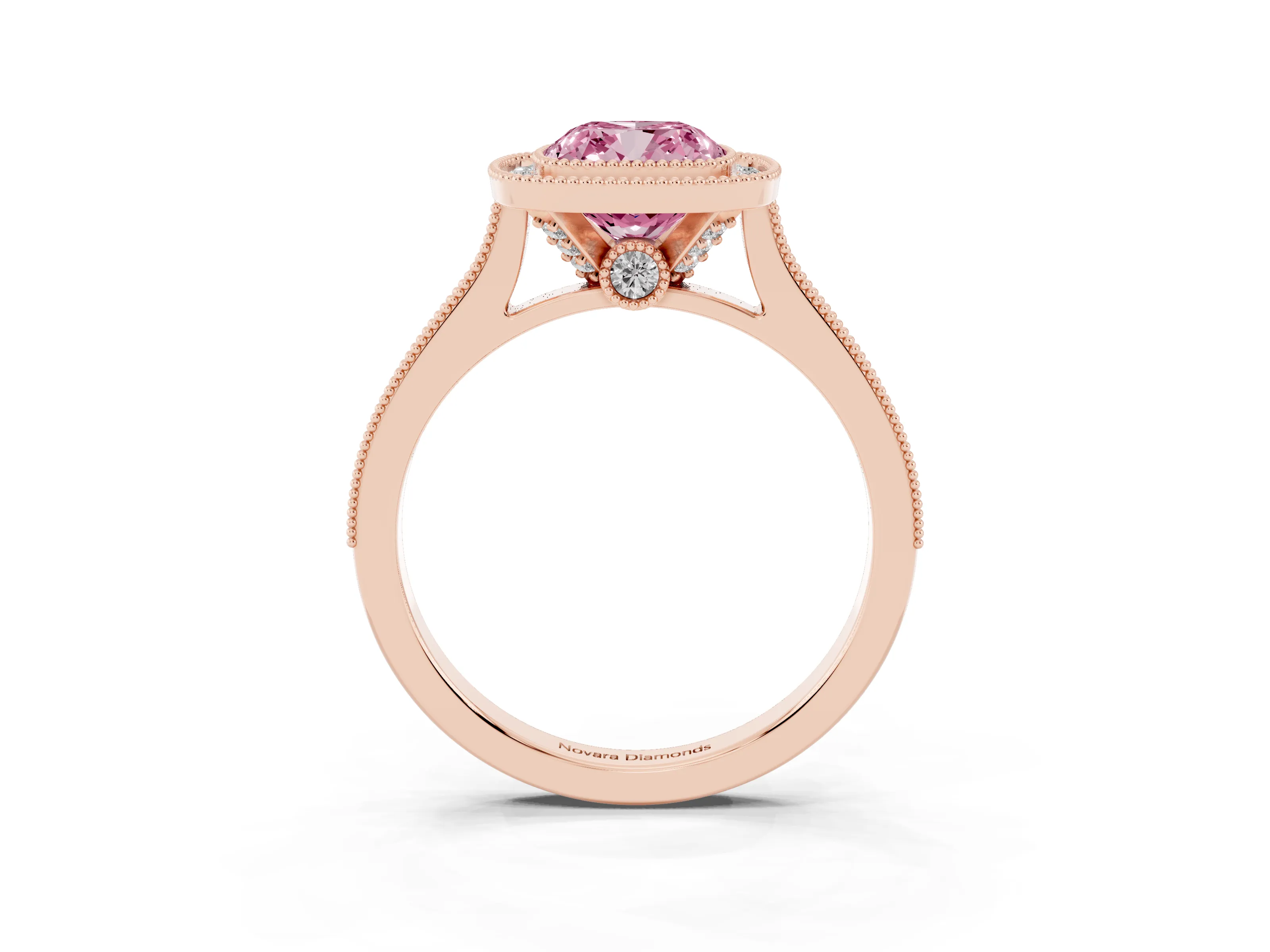 Fancy Pink Cushion Cut Diamond Halo Milgrain Pavé Band Ring Set in Rose gold with Prong Setting