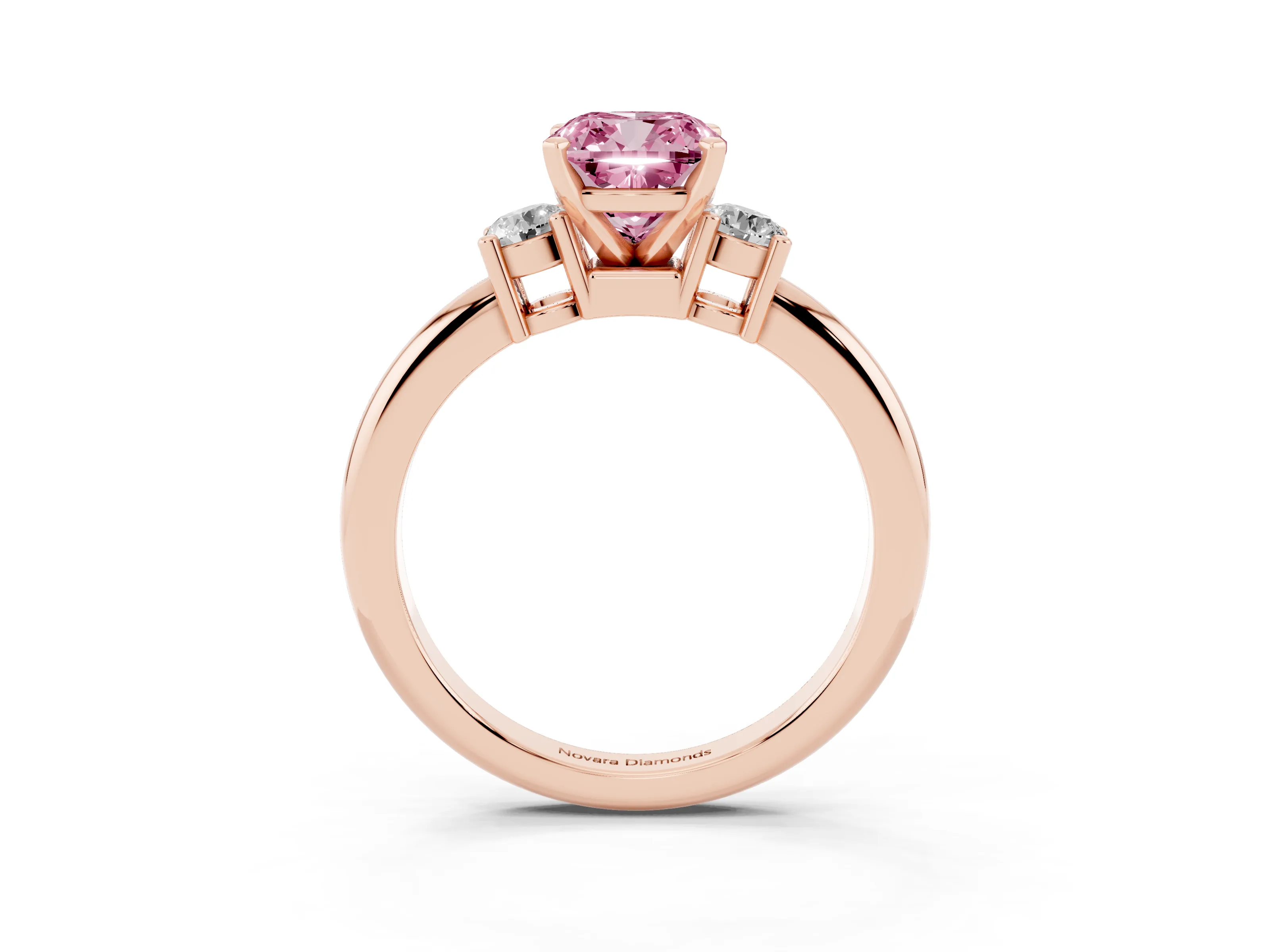 Fancy Pink Three-Stone Cushion Cut Diamond Ring Set in Rose gold with Prong Setting and Plain Band