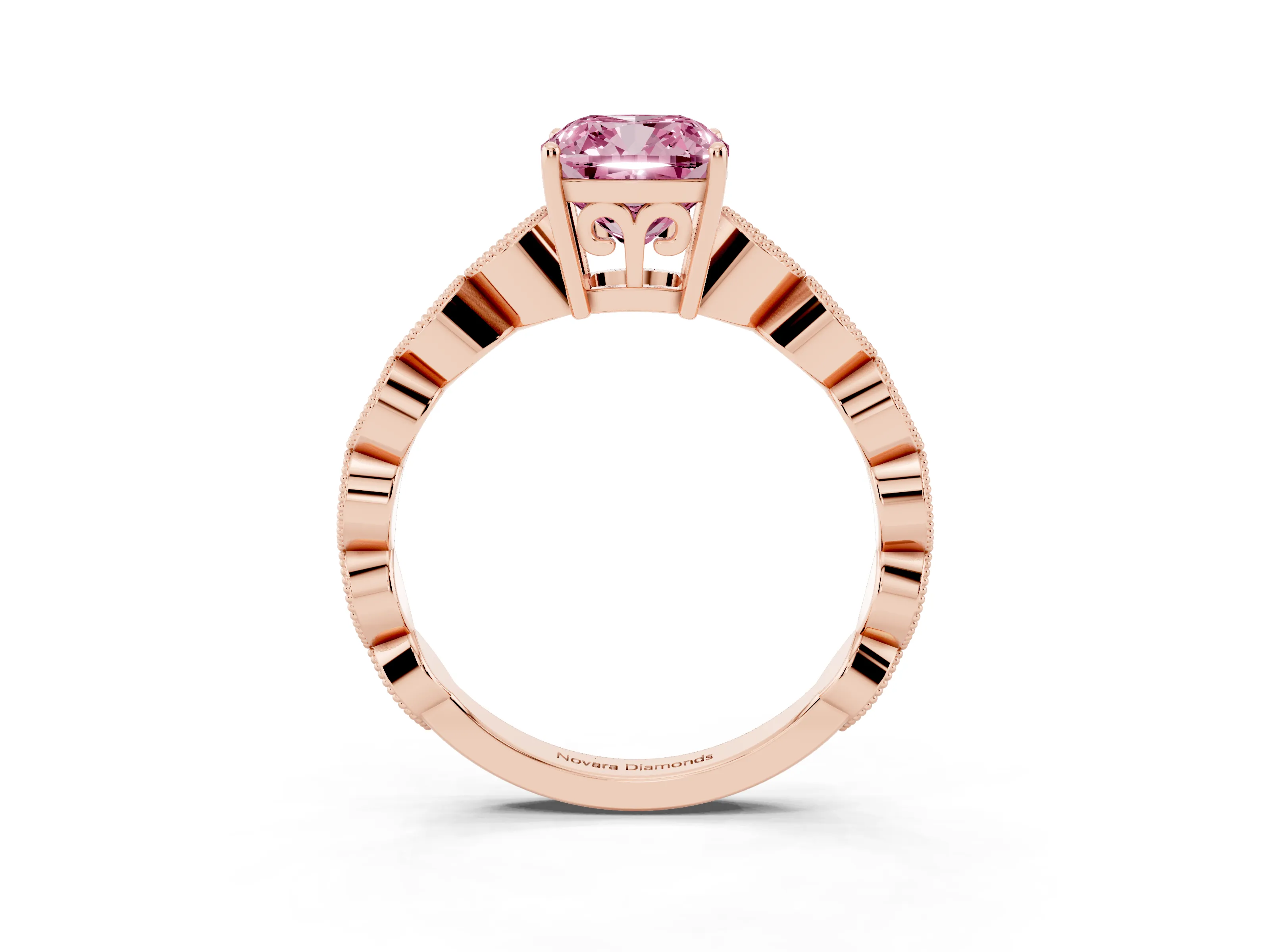 Fancy Pink Cushion Cut Diamond Solitaire Ring Set in Rose gold with Infinity Twist Pavé Band
