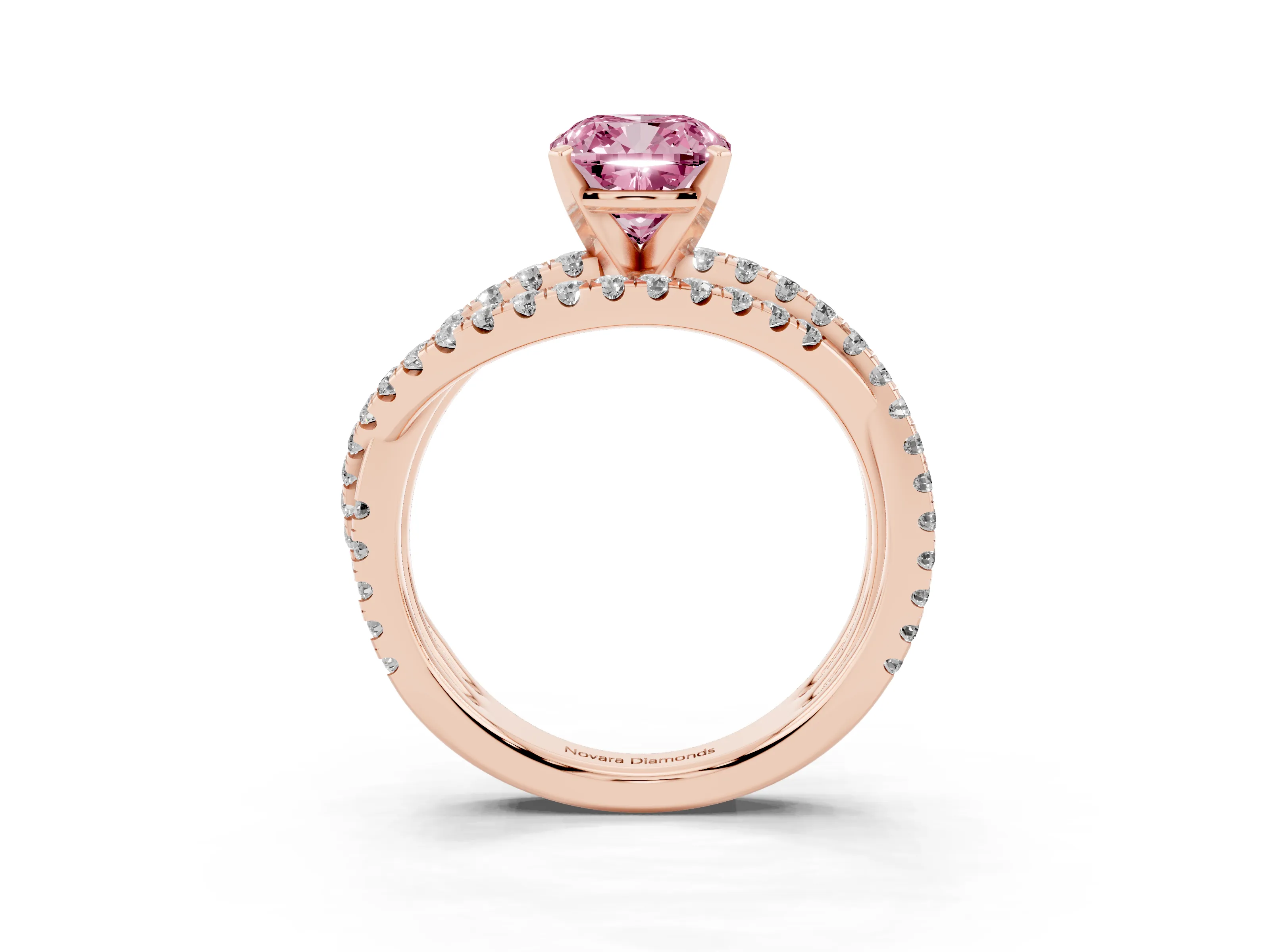 Fancy Pink Cushion Cut Diamond Solitaire Twist Band Ring Set in Rose gold with Pavé Setting and Prong Head