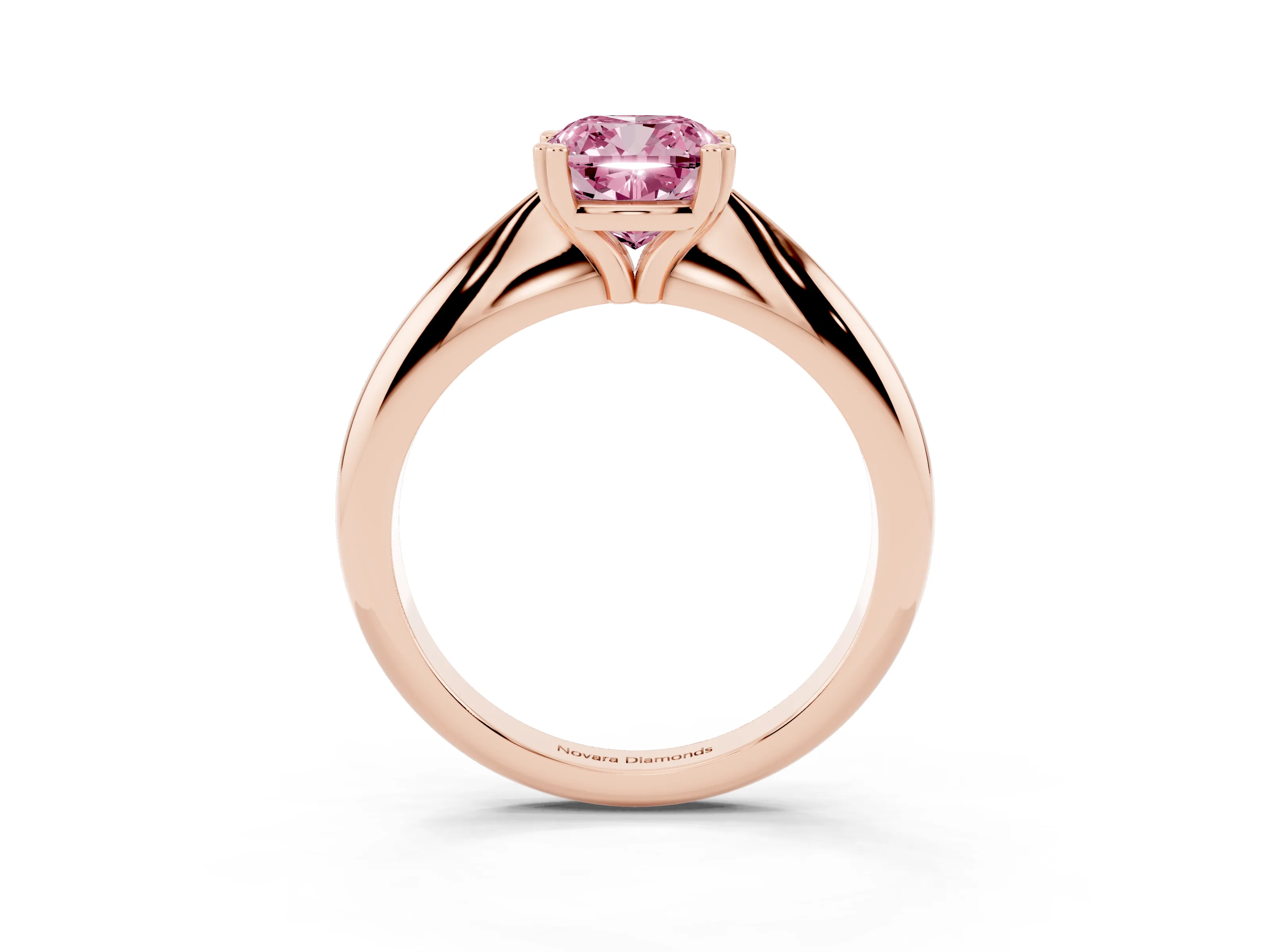 Fancy Pink Cushion Cut Diamond Solitaire Engagement Ring Set in Rose gold with Tapered Band and Prong Setting