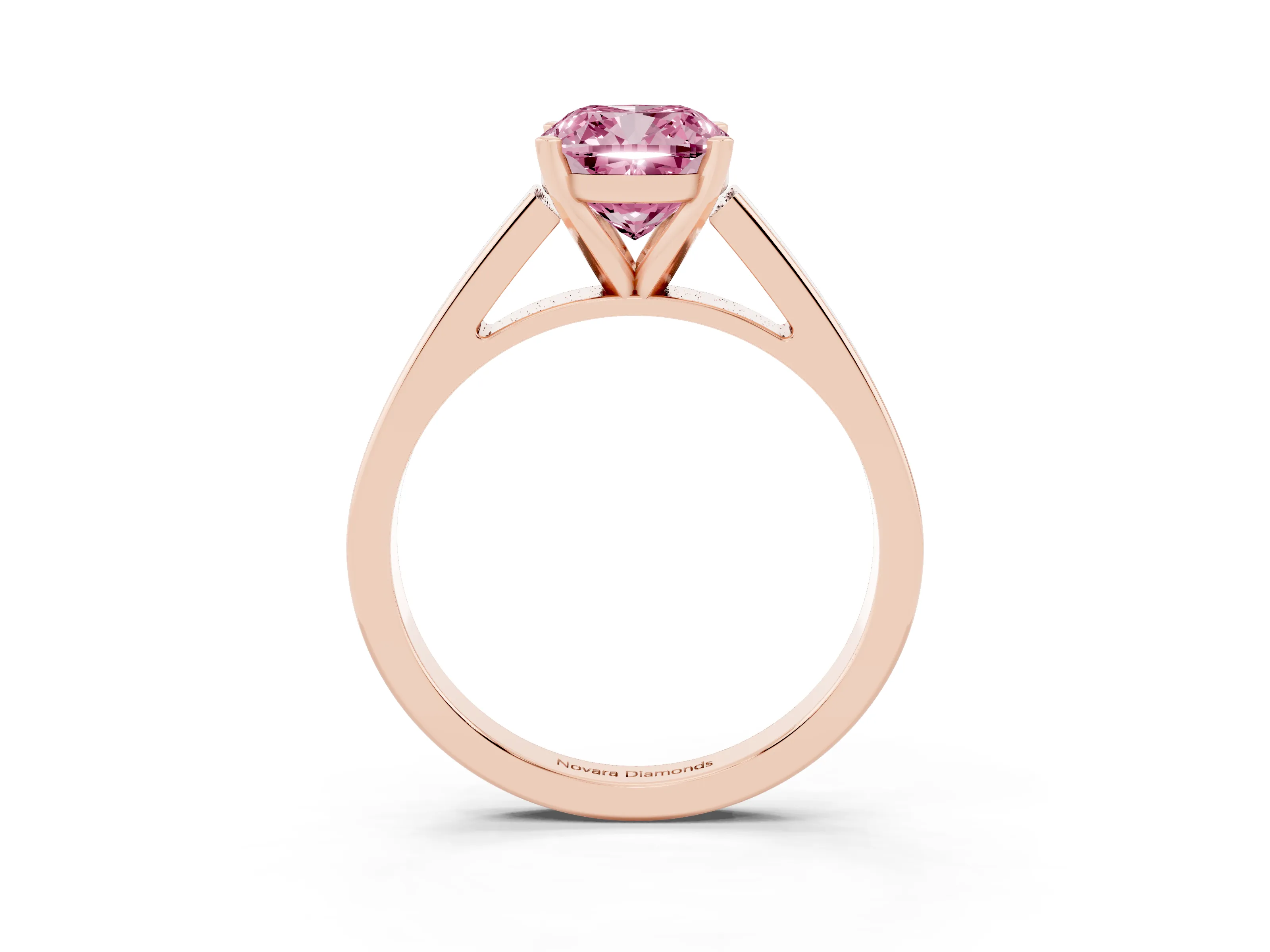Fancy Pink Cushion Cut Diamond Solitaire Engagement Ring Set in Rose gold with Prong Setting and Tapered Band
