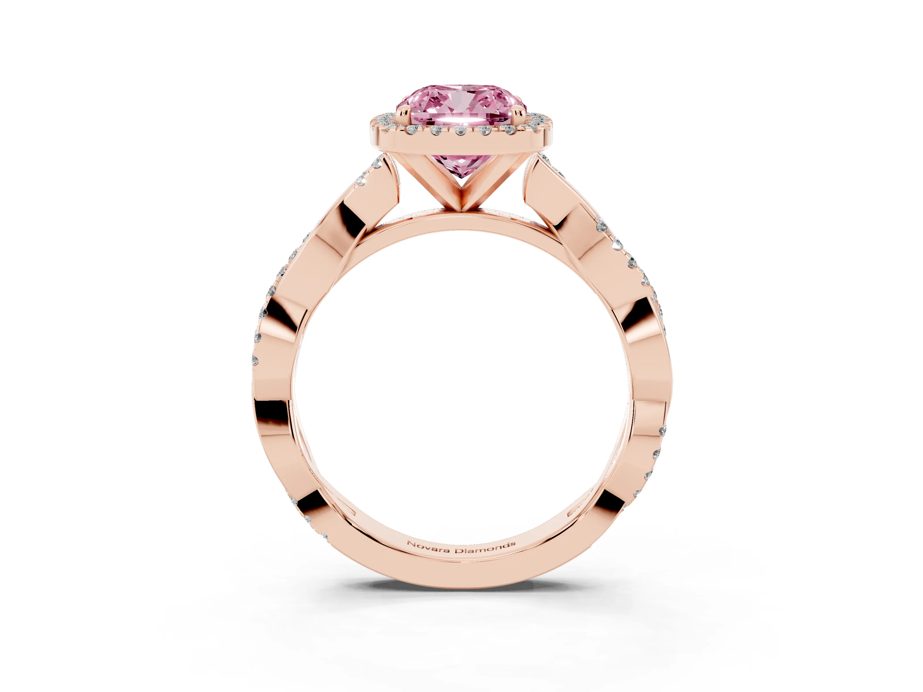 Fancy Pink Cushion Cut Diamond Halo Twisted Band Ring Set in Rose gold with Prong Setting