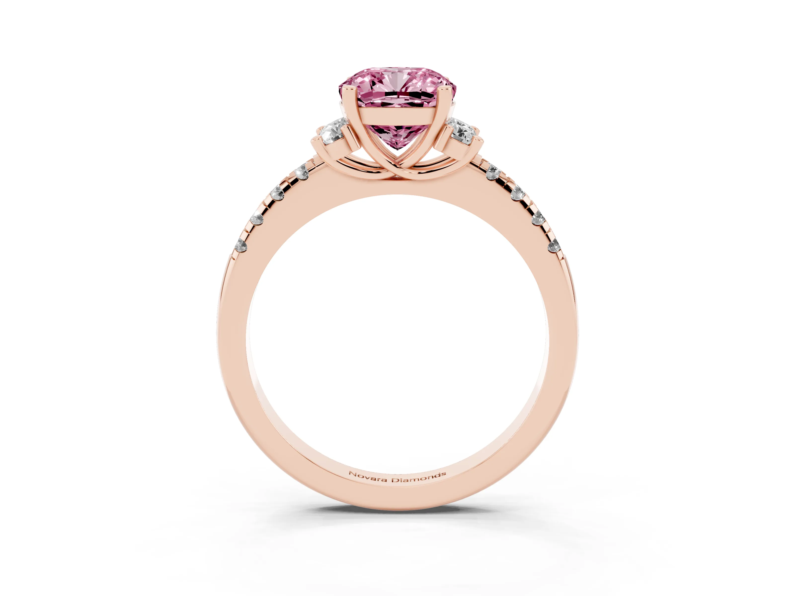 Fancy Pink Cushion Cut Diamond Three-Stone Pavé Ring Set in Rose gold with Prong Setting