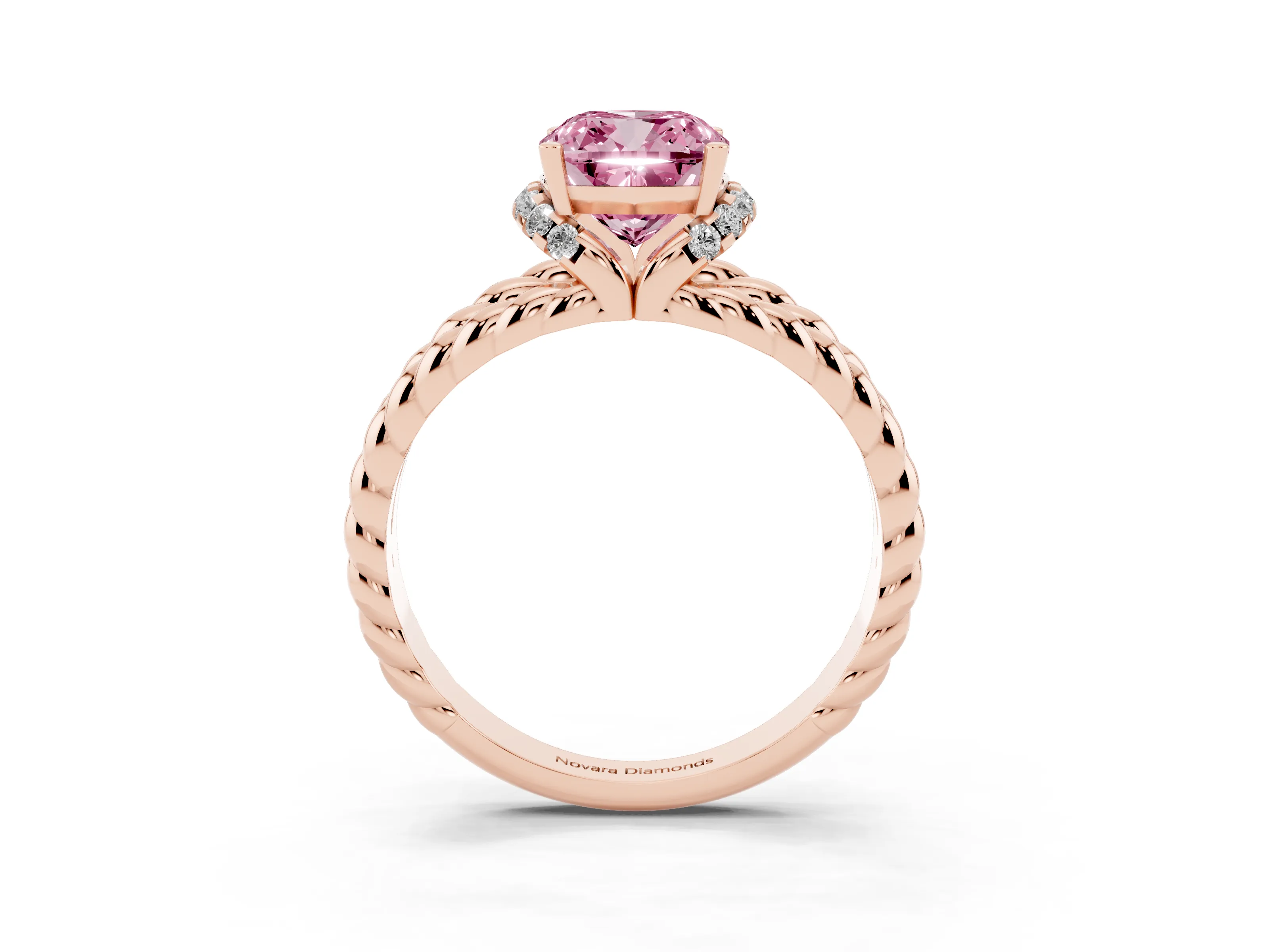 Fancy Pink Cushion Cut Diamond Halo Ring Set in Rose gold with Twisted Band and Prong Setting