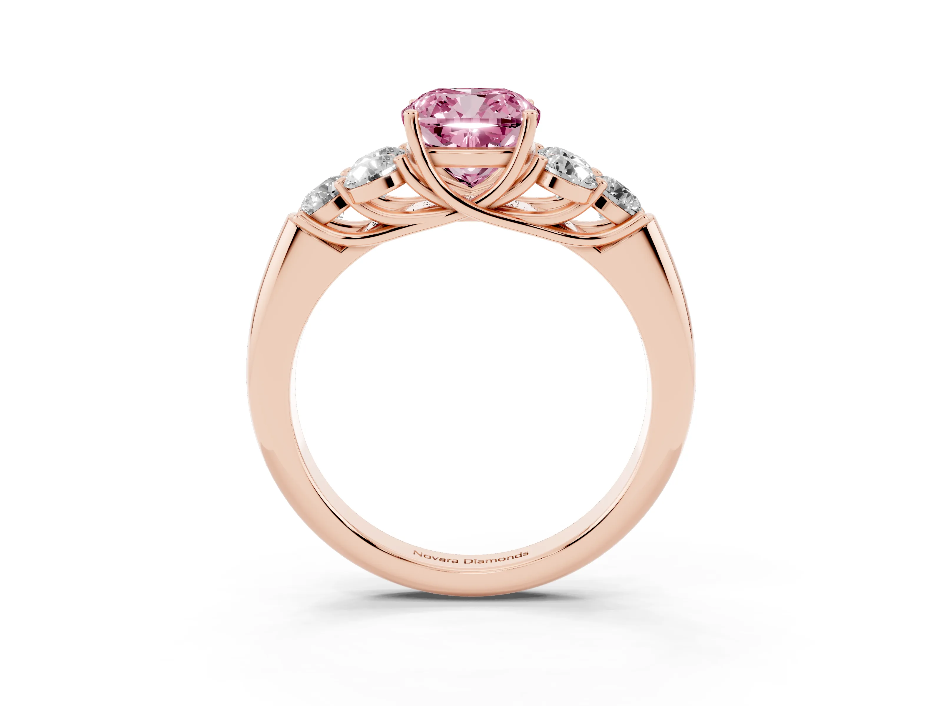 Fancy Pink Cushion Cut Diamond Cluster Ring Set in Rose gold with Round Accent Stones and Prong Setting on a Plain Band