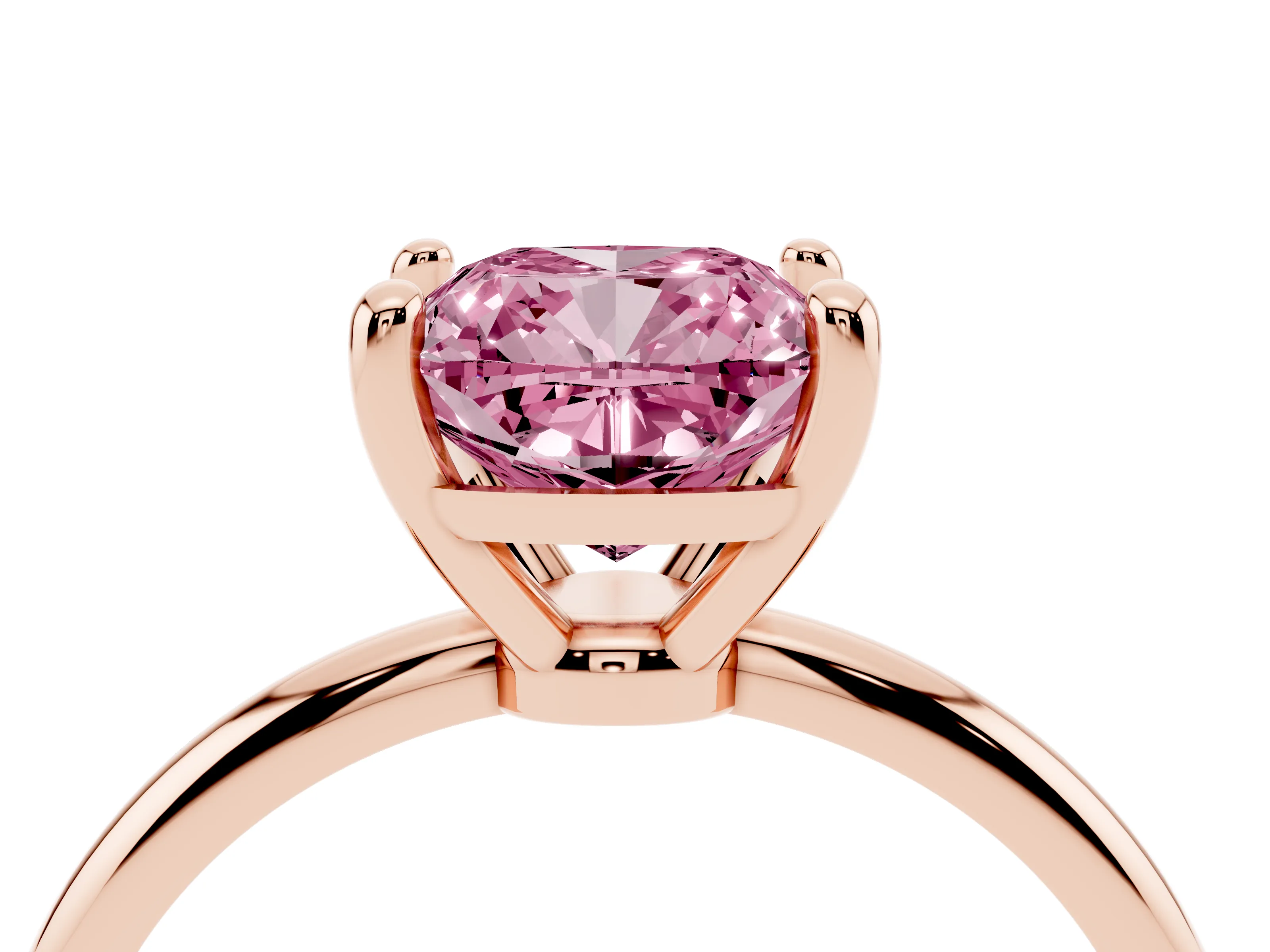 Fancy Pink Cushion Cut Diamond Solitaire Ring Set in Rose gold with Secure Prong Setting on a Classic Band