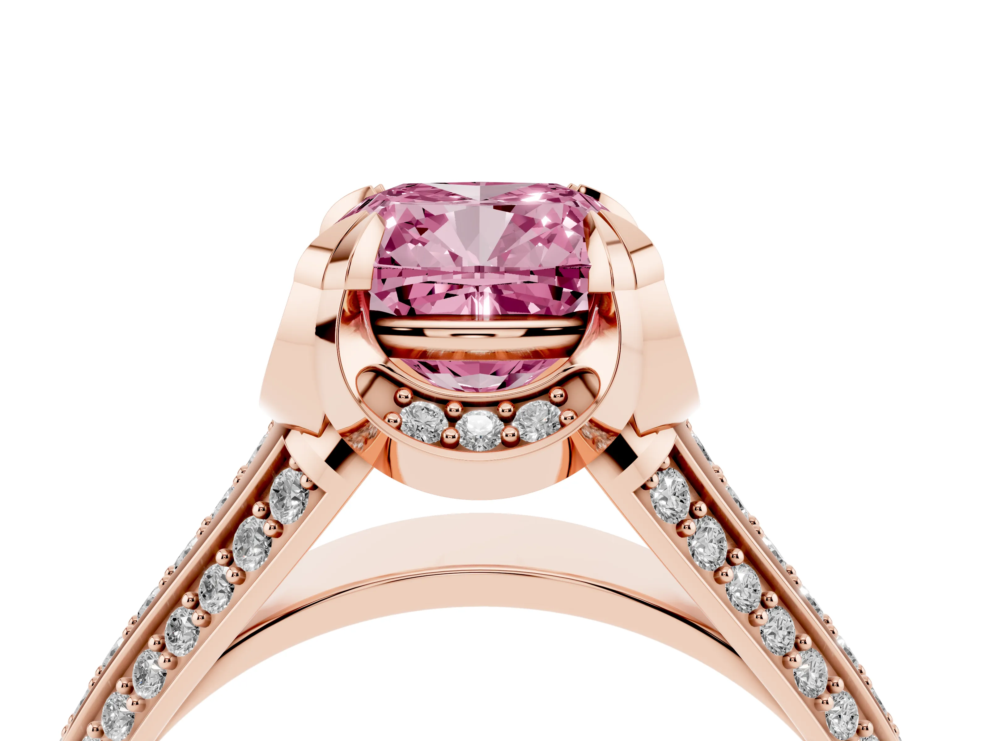 Fancy Pink Cushion Cut Diamond Pavé Split Shank Solitaire Ring Set in Rose gold with Prong Setting