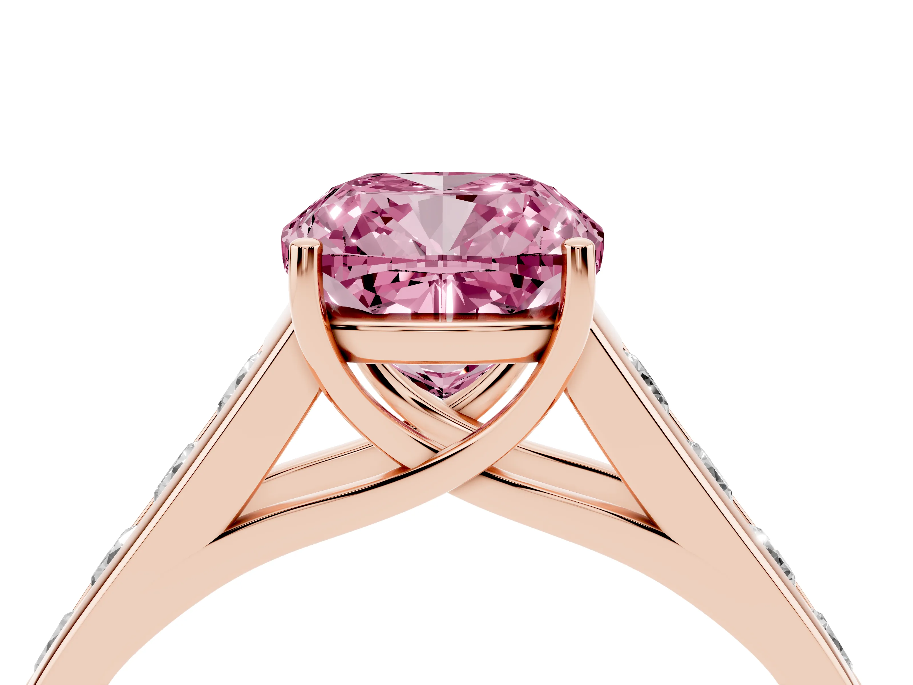Fancy Pink Cushion Cut Diamond Brilliant Channel-Set Solitaire Ring Set in Rose gold with Prong Setting