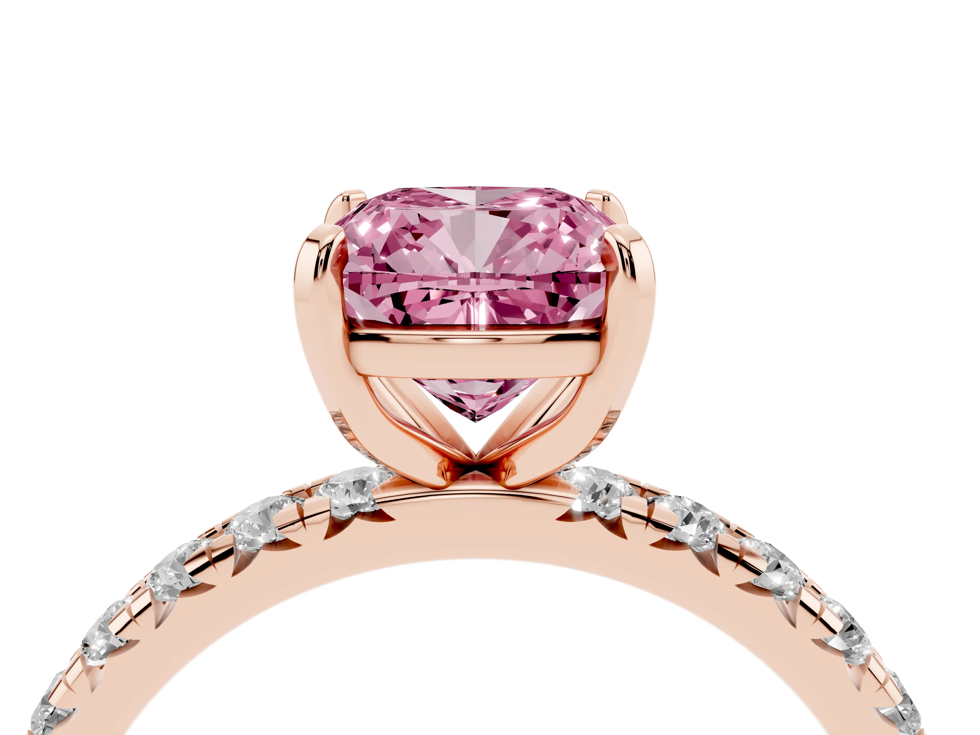 Fancy Pink Cushion Cut Diamond Pavé Solitaire Ring Set in Rose gold with Round Band and Prong Setting