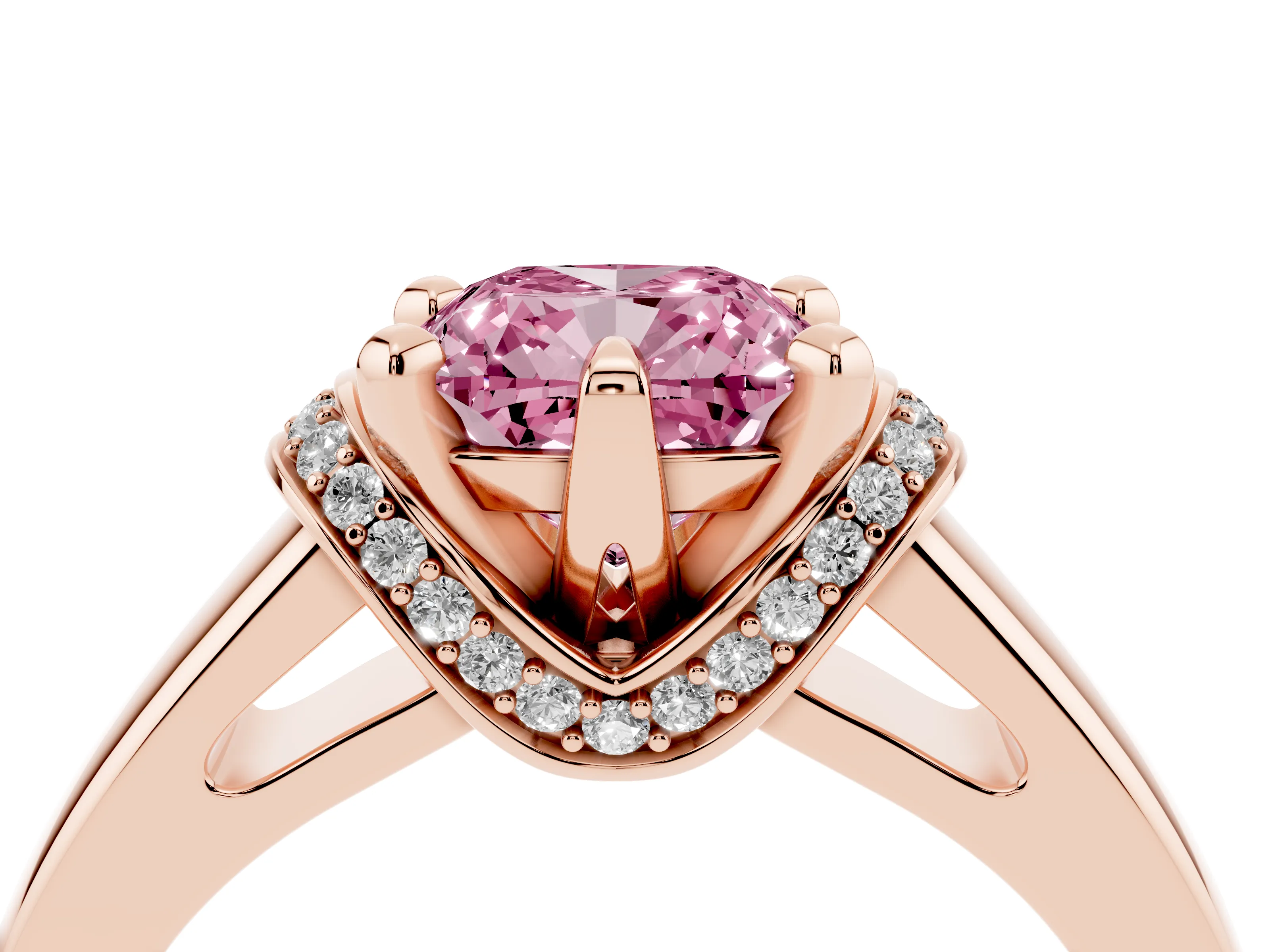 Fancy Pink Cushion Cut Diamond Pavé Band Solitaire Ring Set in Rose gold with Prong Setting