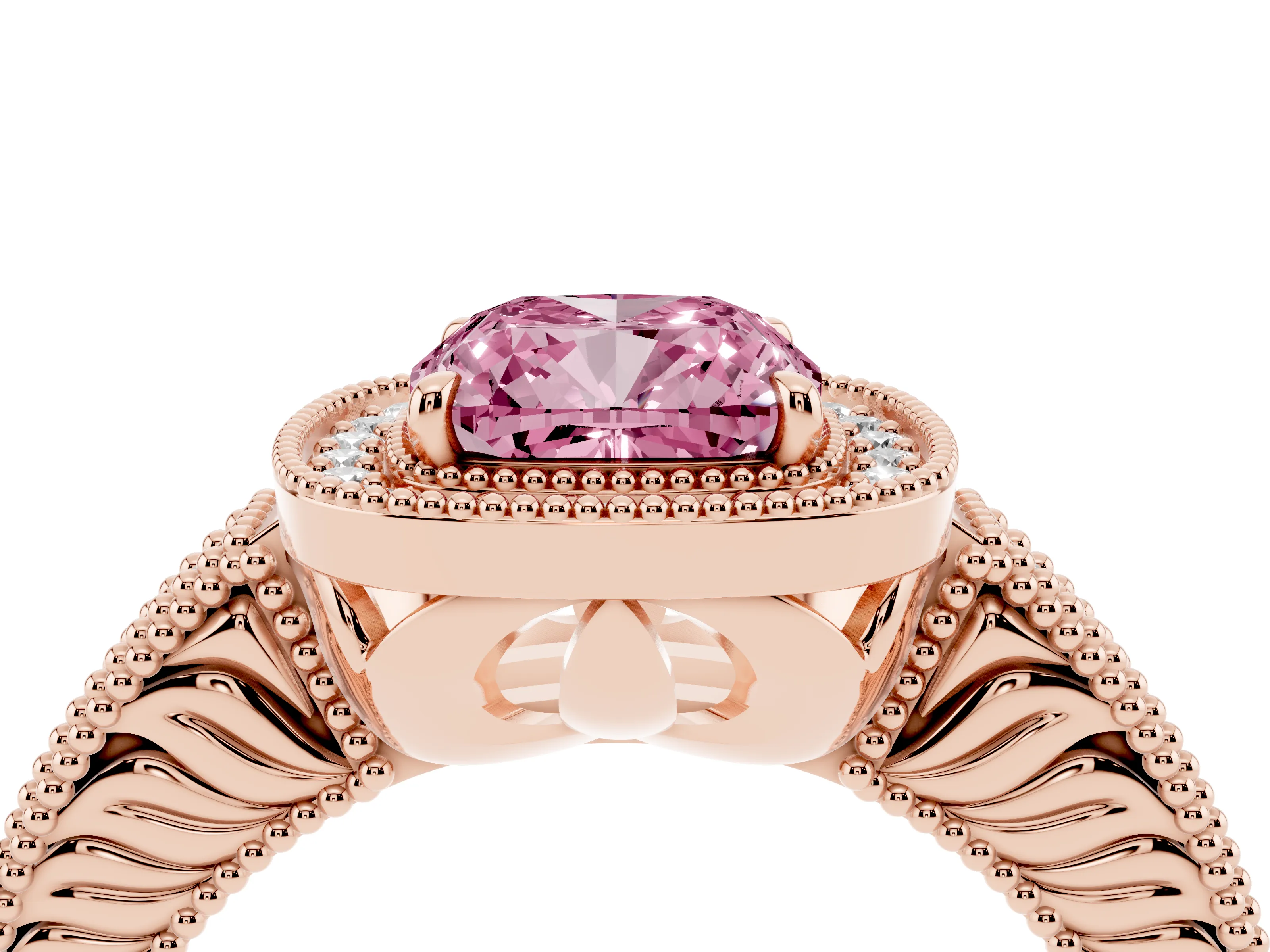 Fancy Pink Cushion Cut Diamond Halo Ring Set in Rose gold with Round Accent Halo, Pavé Band and Prong Setting