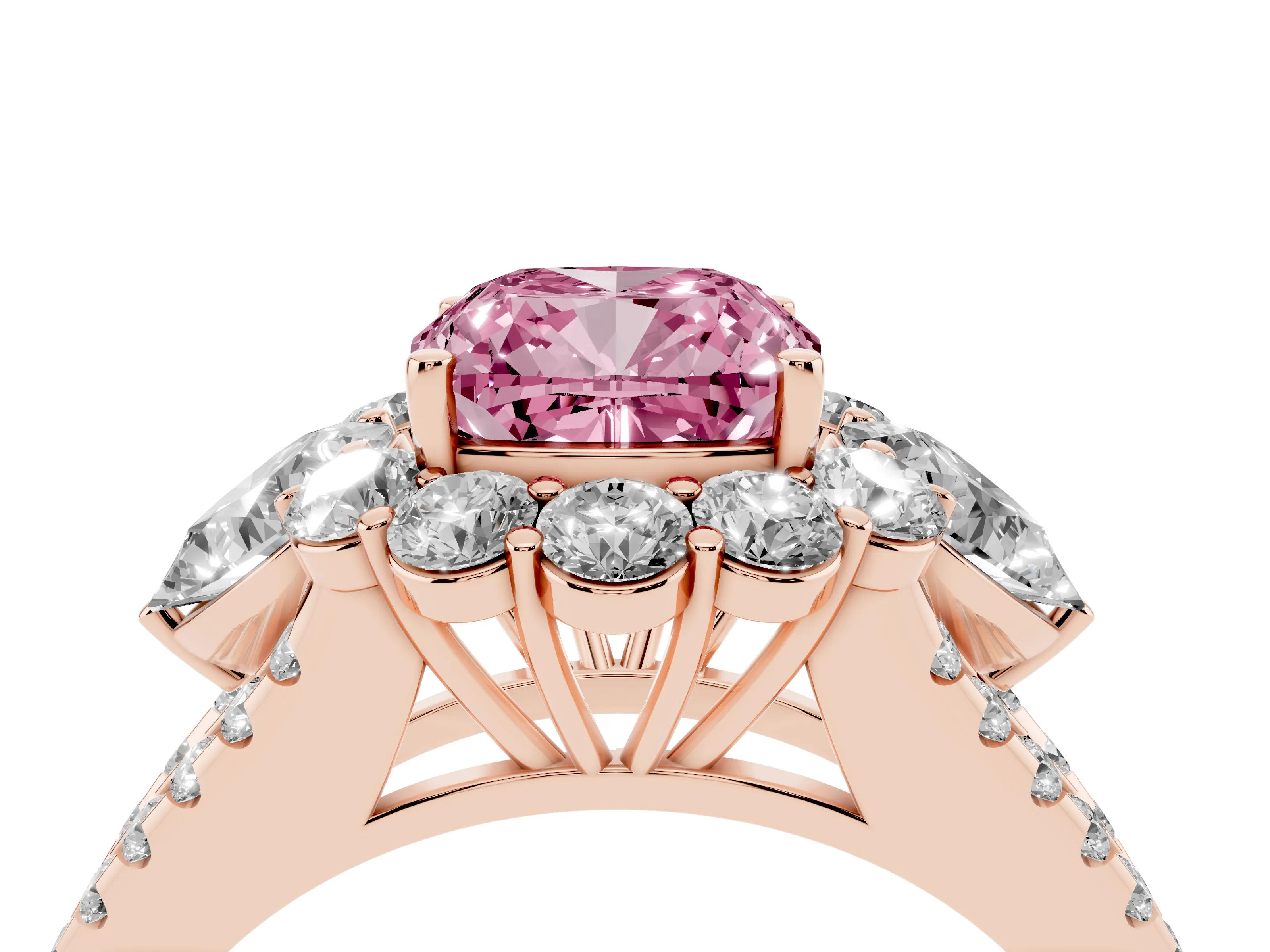 Fancy Pink Cushion Cut Diamond Halo Split Shank Engagement Ring Set in Rose gold with Prong-Held Center Stone