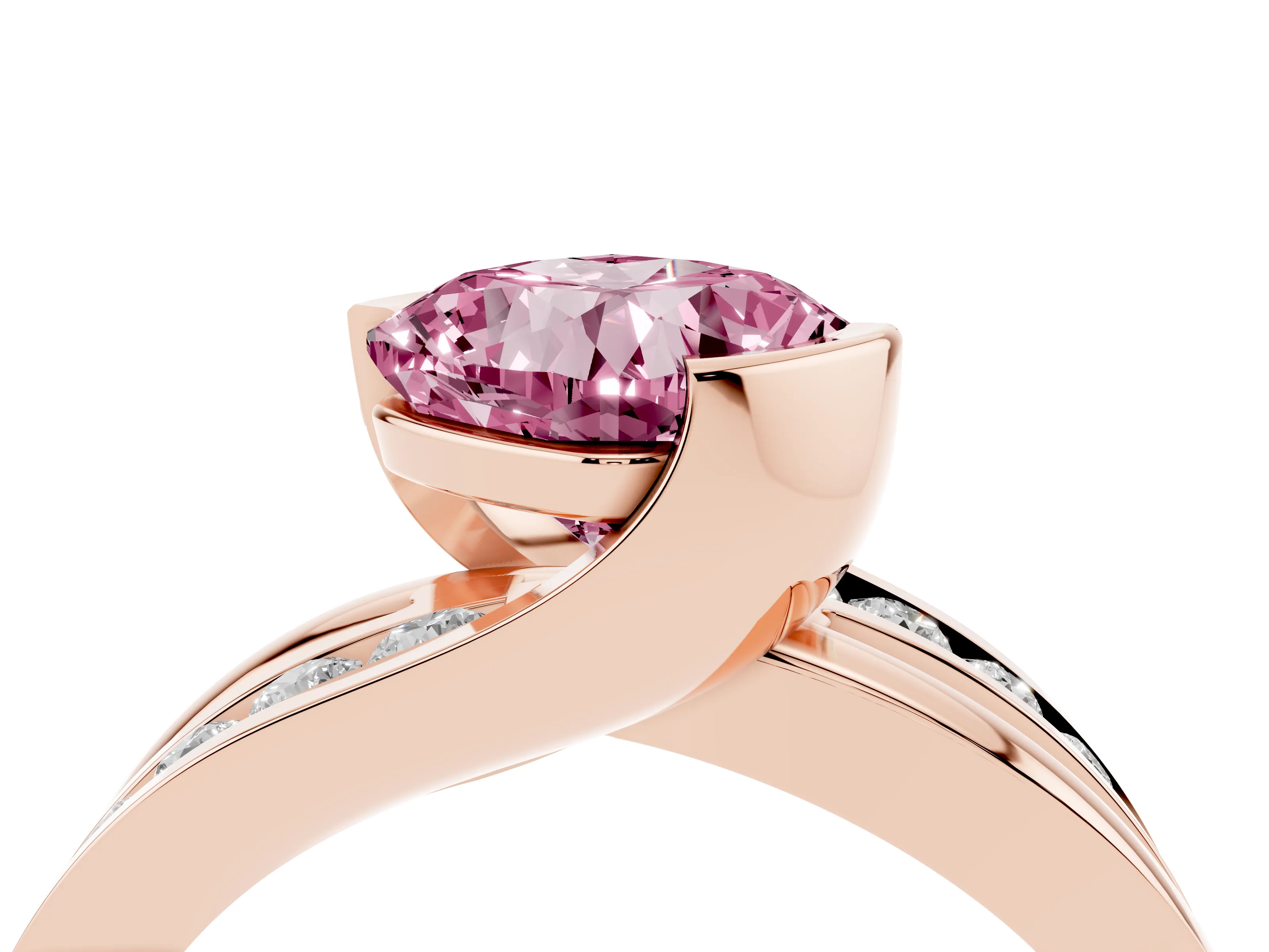 Fancy Pink Cushion Cut Diamond Solitaire Ring Set in Rose gold with Channel Set Split Shank and Tension Prongs