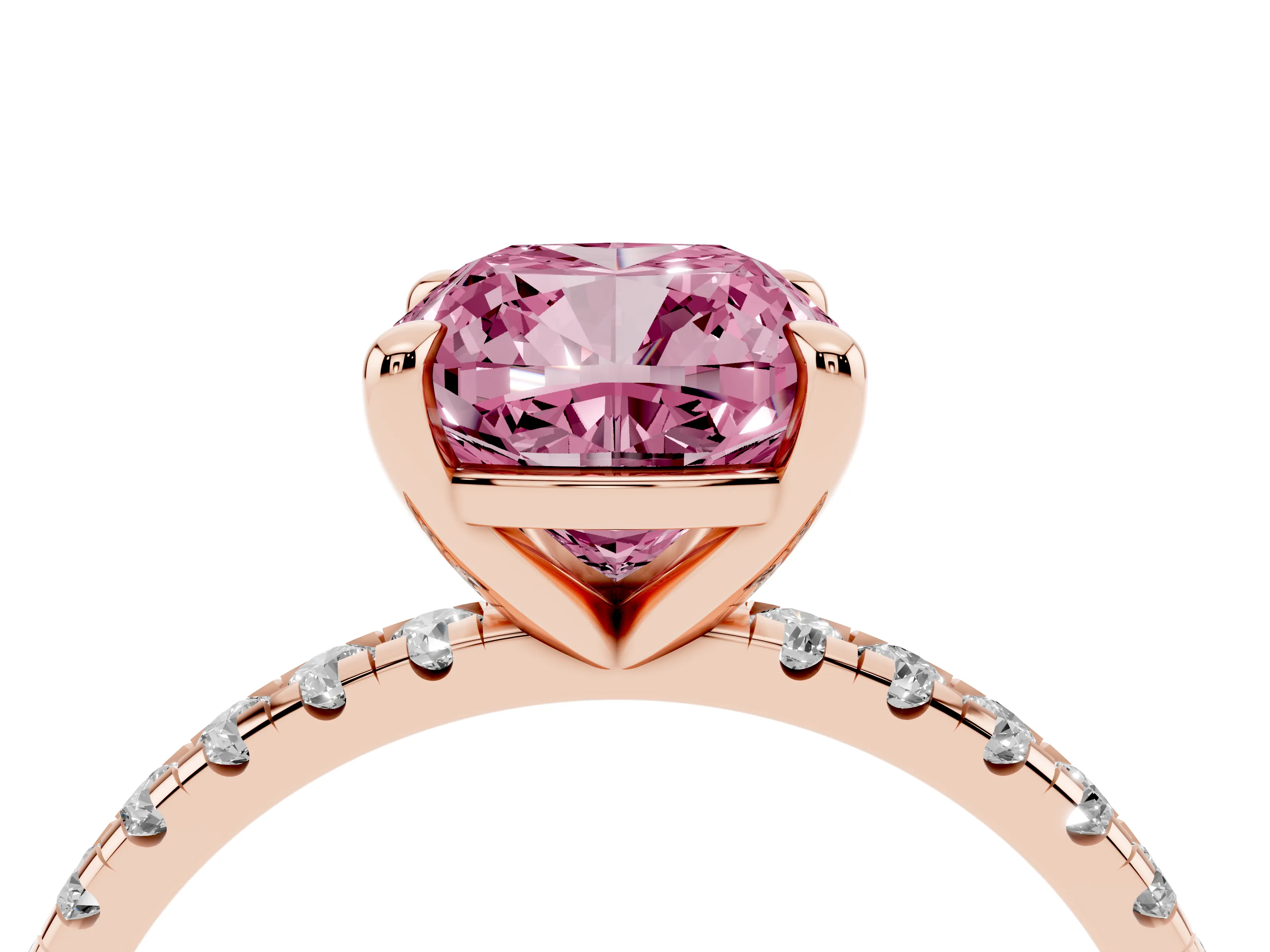 Fancy Pink Cushion Cut Diamond Brilliant Solitaire Ring Set in Rose gold with Pavé Band and Prong Setting
