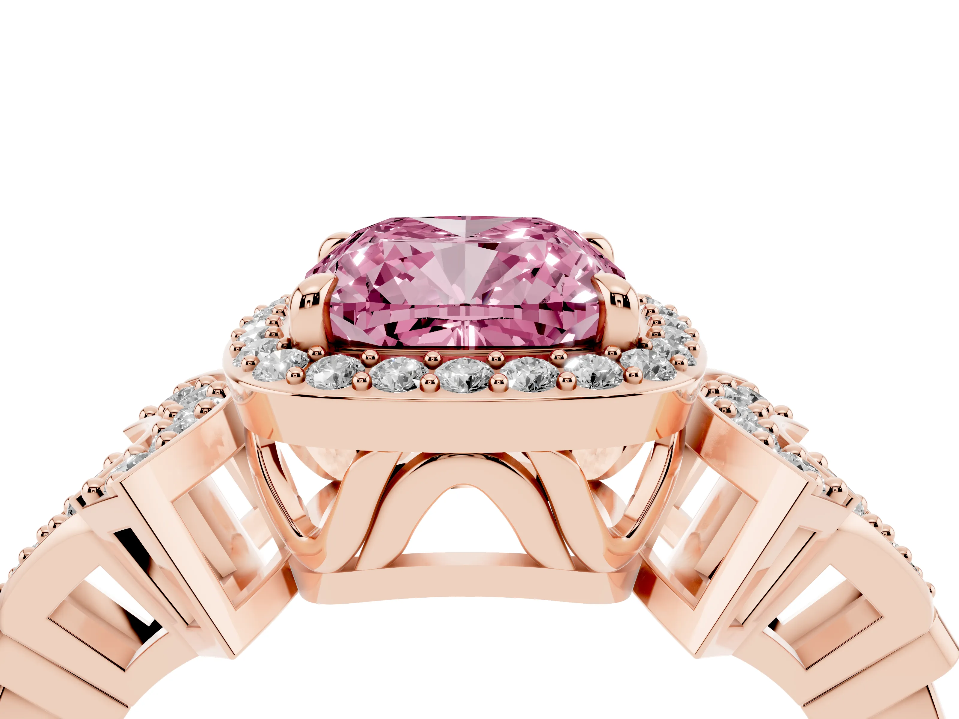 Fancy Pink Cushion Cut Diamond Halo Engagement Ring Set in Rose gold with Accent Stone Split Shank