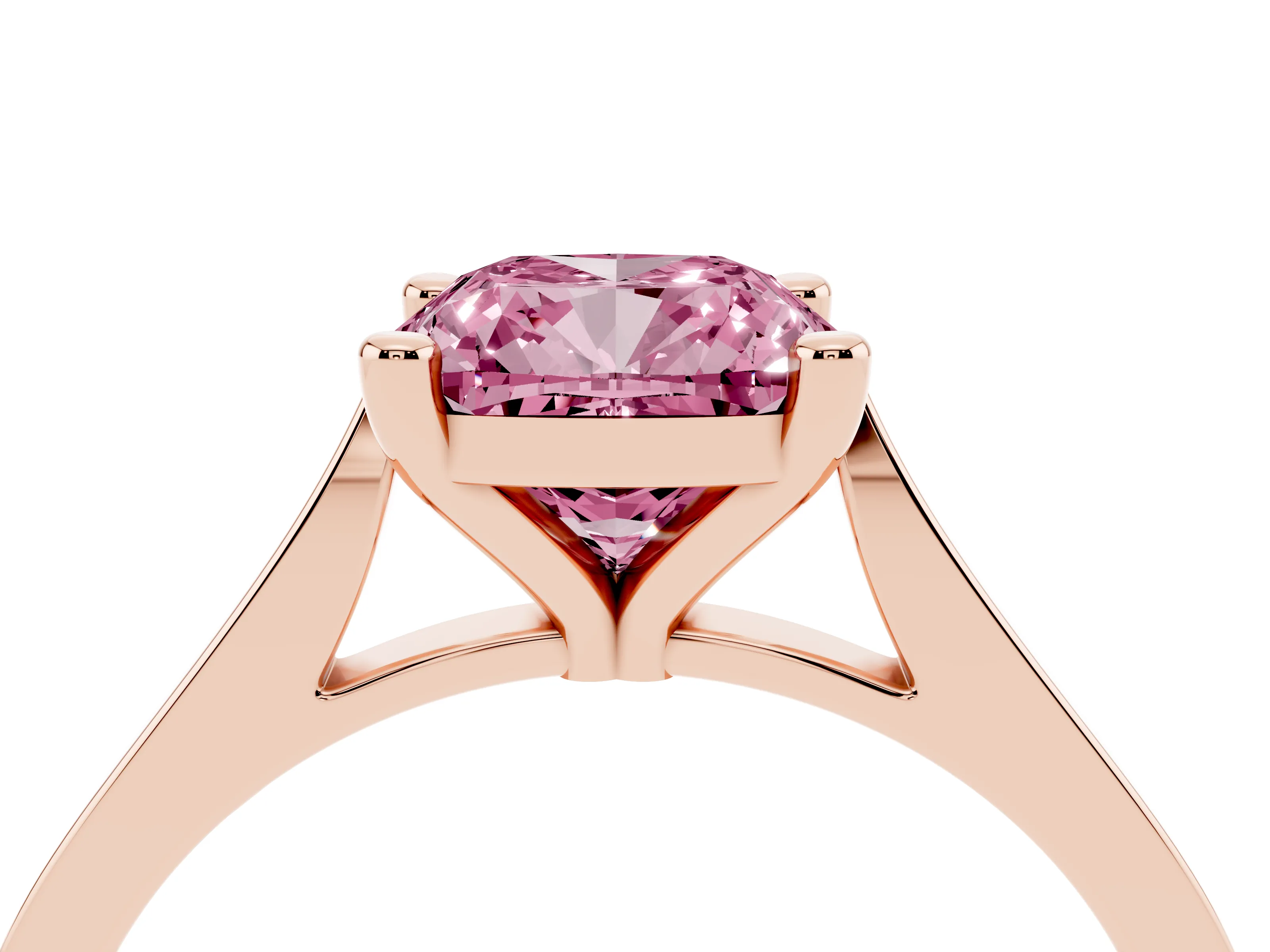 Fancy Pink Cushion Cut Diamond Solitaire Ring Set in Rose gold with Prong Setting and Tapered Band