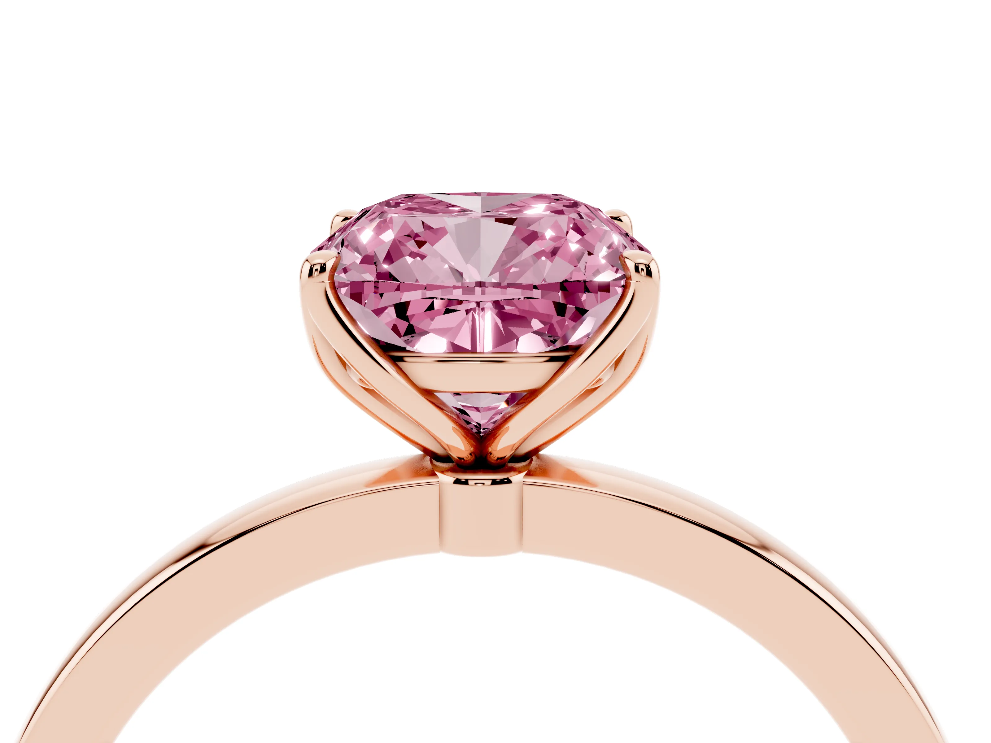 Fancy Pink Cushion Cut Diamond Solitaire Ring Set in Rose gold with Prong Setting and Thin Polished Band