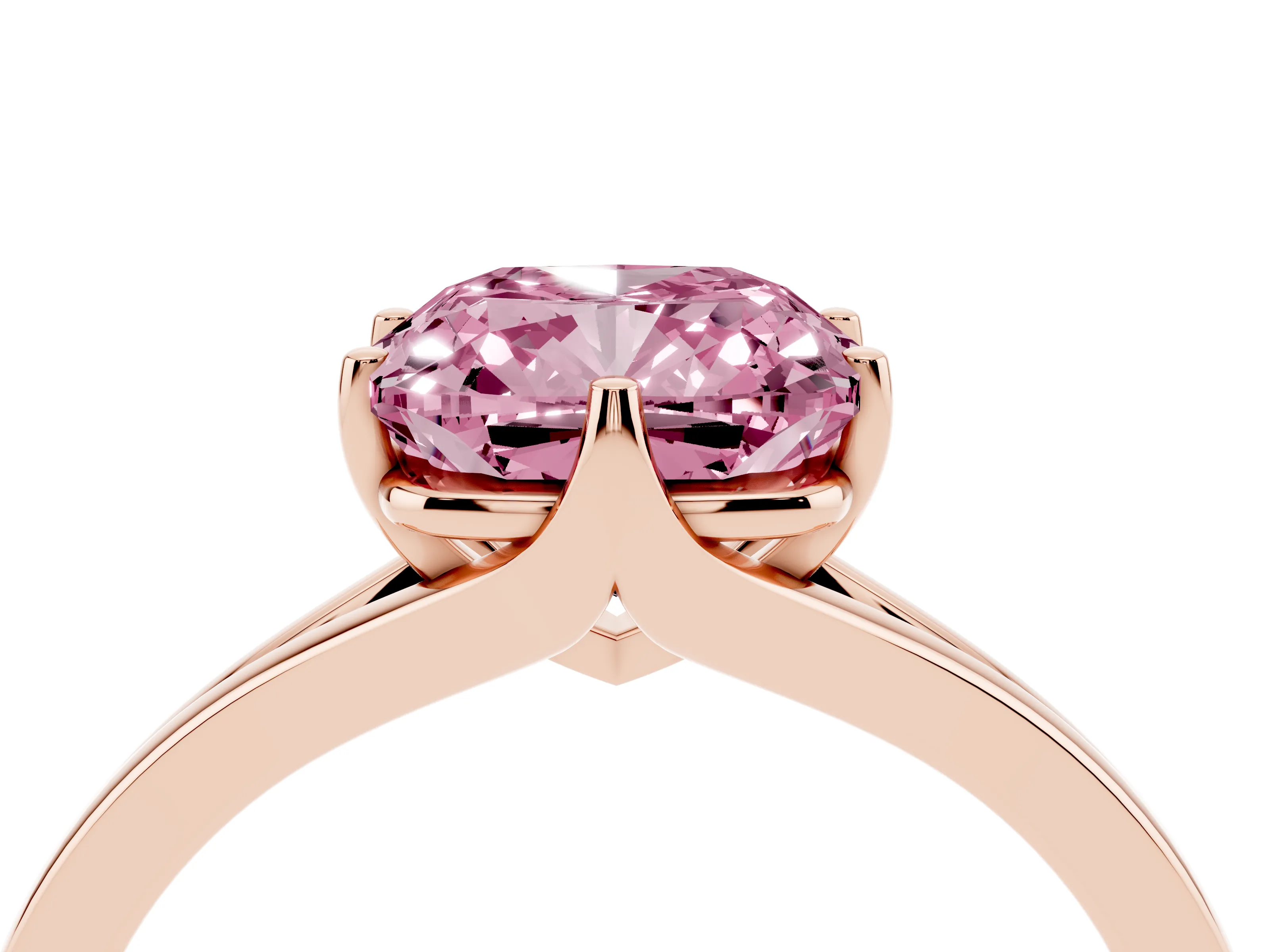 Fancy Pink Cushion Cut Diamond Solitaire Ring Set in Rose gold with Polished Tapered Band and Prong Setting