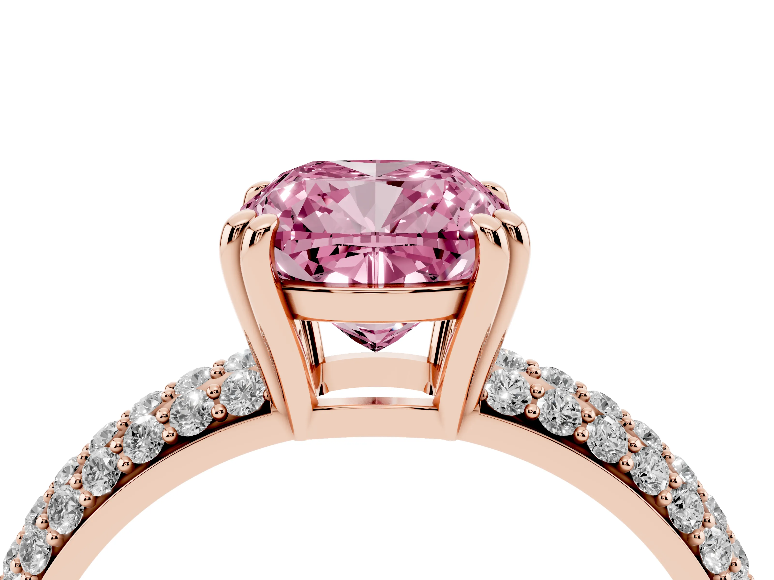 Fancy Pink Cushion Cut Diamond Solitaire Ring Set in Rose gold with Multi-Row Round Pavé Band and Prong Setting