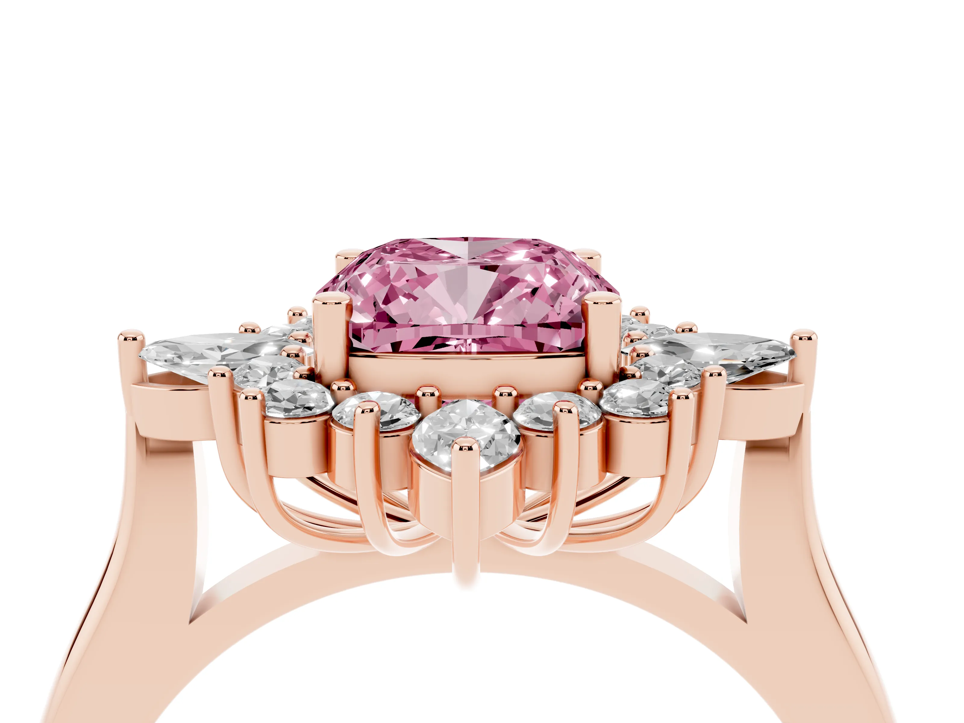 Fancy Pink Cushion Cut Diamond Cluster Halo Ring Set in Rose gold with Marquise and Round Accents