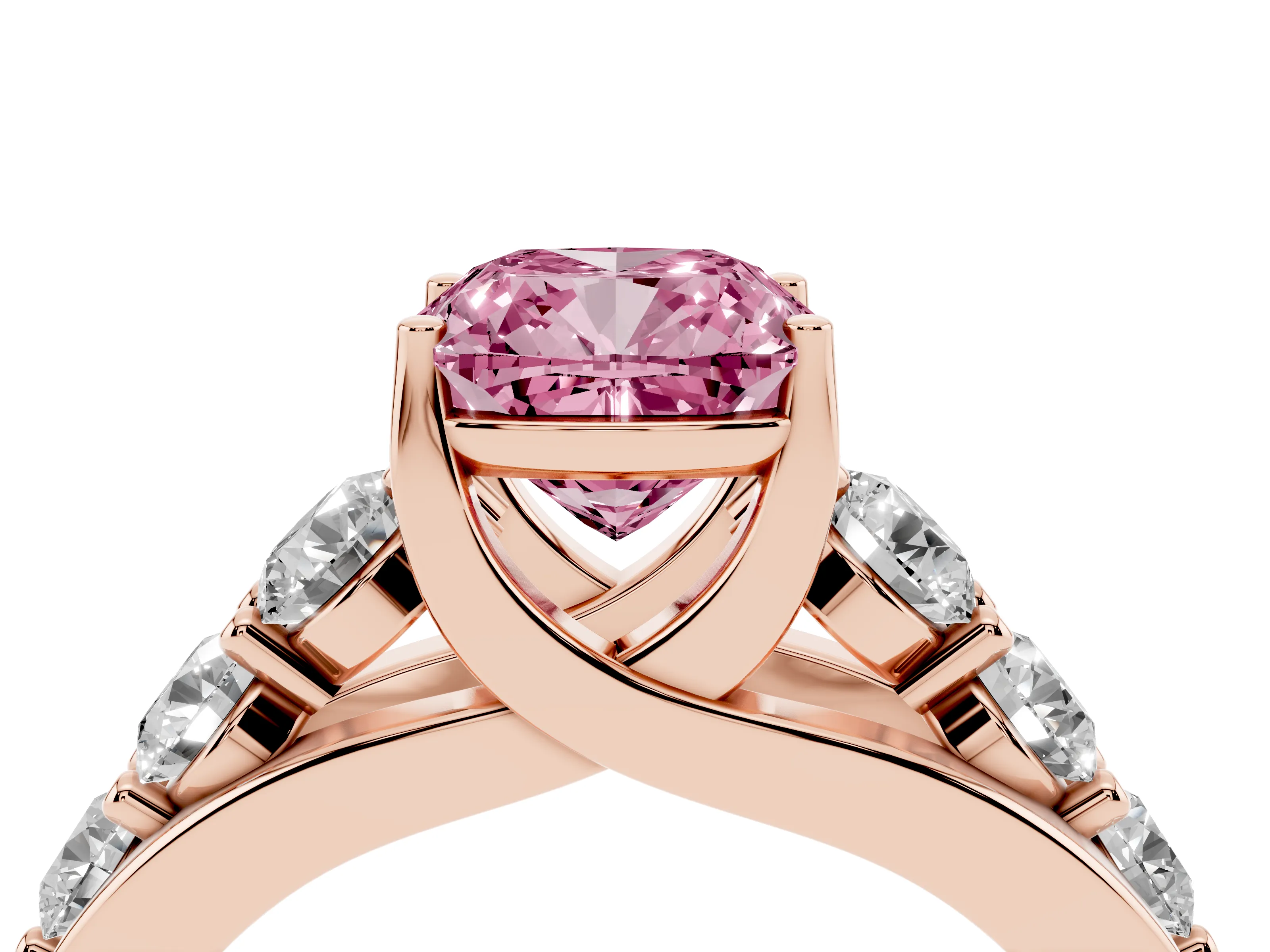 Fancy Pink Cushion Cut Diamond Pavé Engagement Ring Set in Rose gold with Prong Setting