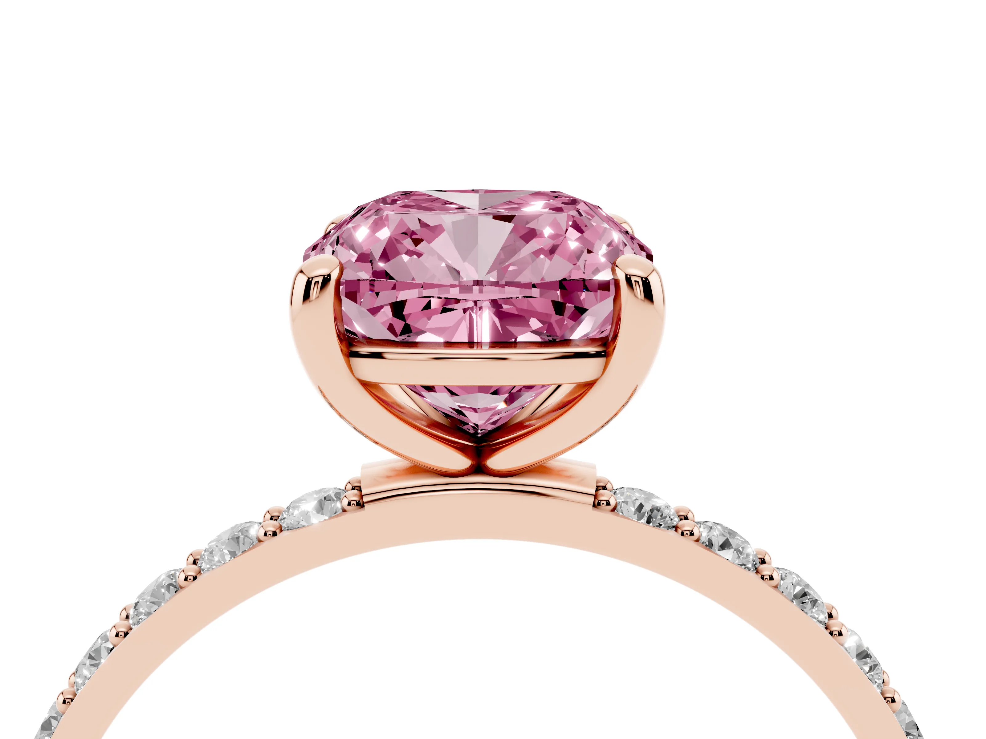 Fancy Pink Cushion Cut Diamond Solitaire Ring Set in Rose gold with Round Pavé Band and Prong Setting