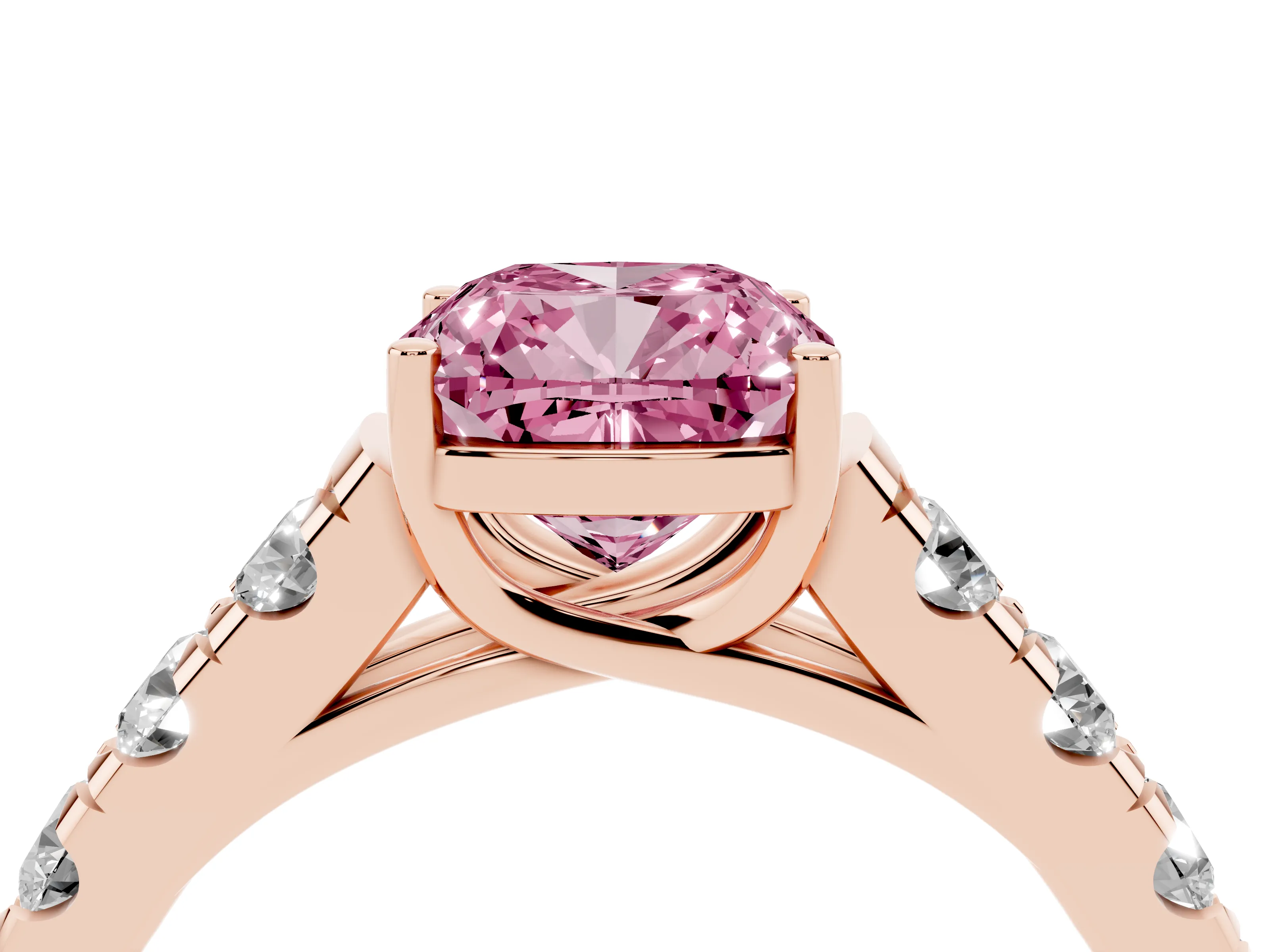 Fancy Pink Cushion Cut Diamond Solitaire Ring Set in Rose gold with Cut-Down Micro Pavé Band and Prong Setting
