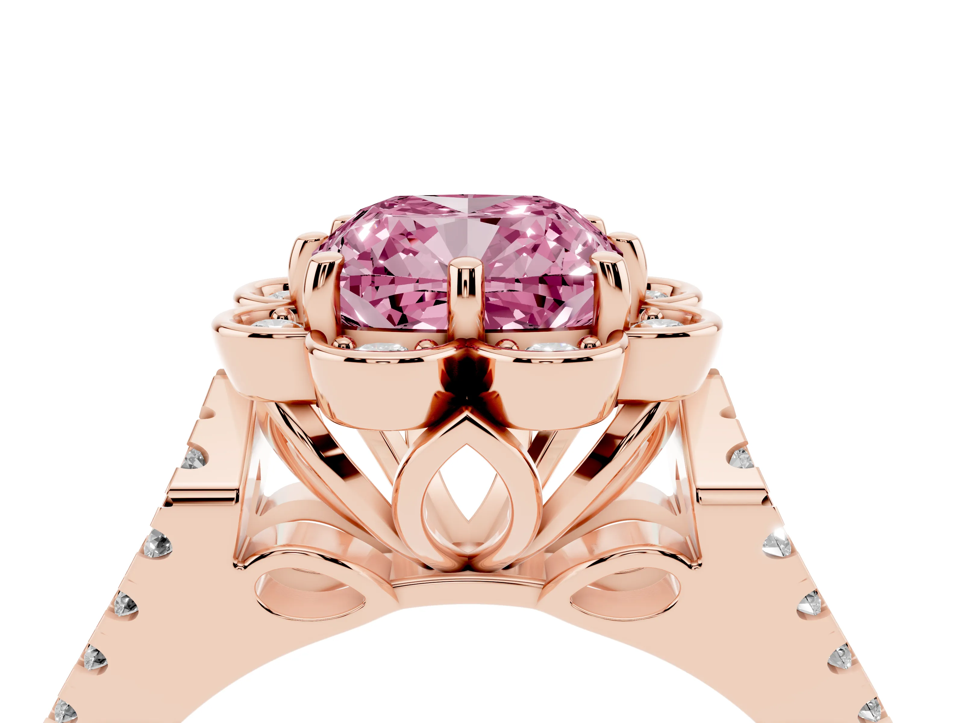 Fancy Pink Cushion Cut Diamond Floral Halo Split Shank Engagement Ring Set in Rose gold with Pavé Shank