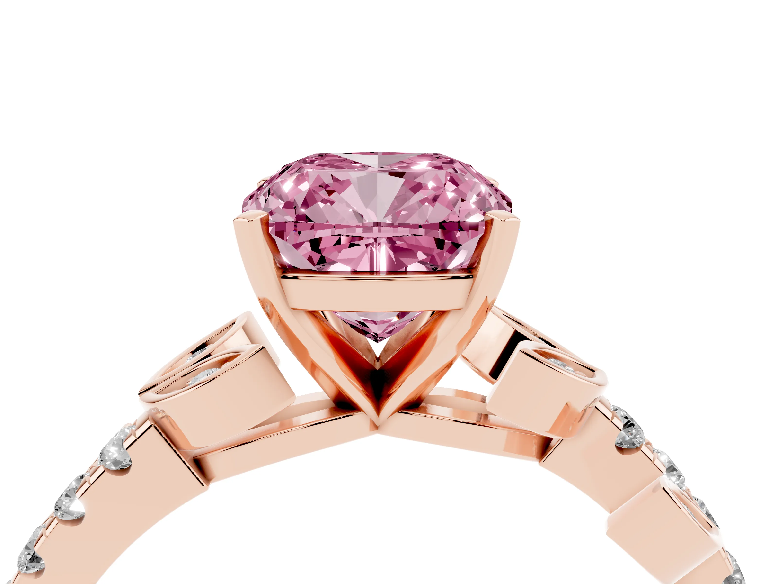 Fancy Pink Cushion Cut Diamond Solitaire Leaf-Inspired Ring Set in Rose gold with Pavé Band and Prong Setting