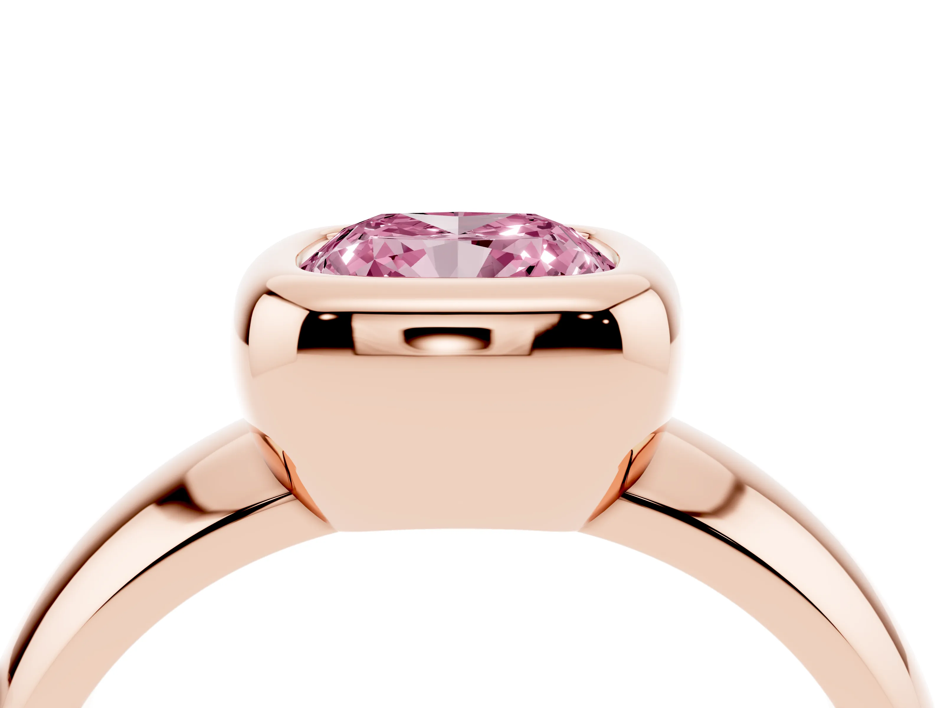 Fancy Pink Bezel Set Cushion Cut Diamond Solitaire Ring Set in Rose gold with Wide Band