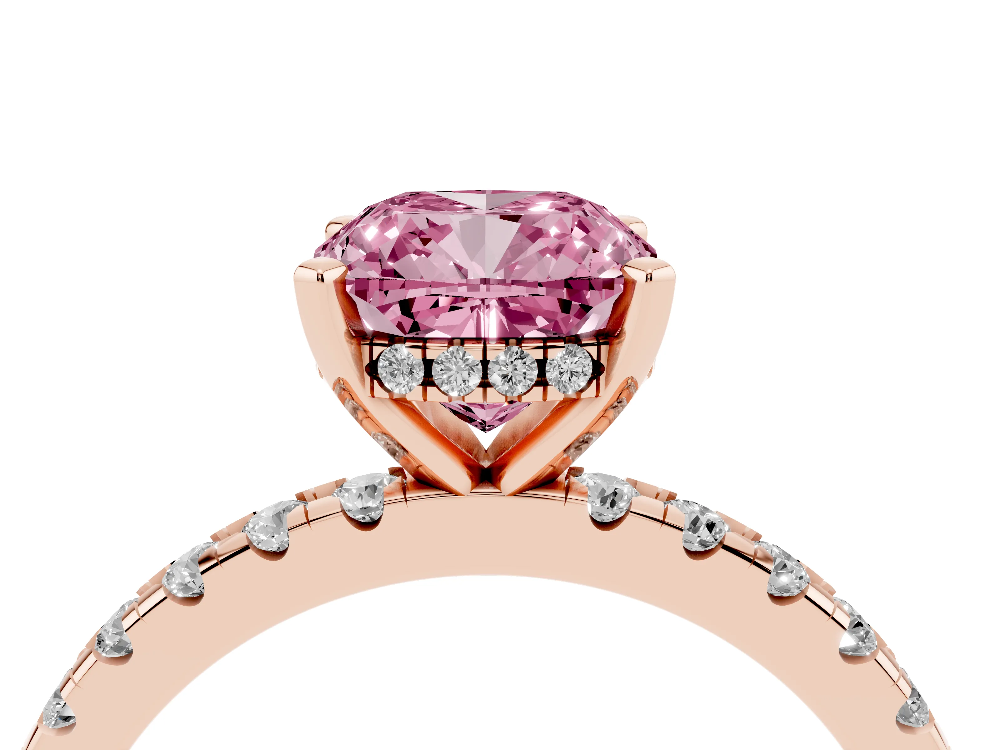 Fancy Pink Cushion Cut Diamond Pavé Solitaire Ring Set in Rose gold with Round Band Accents and Prong Setting