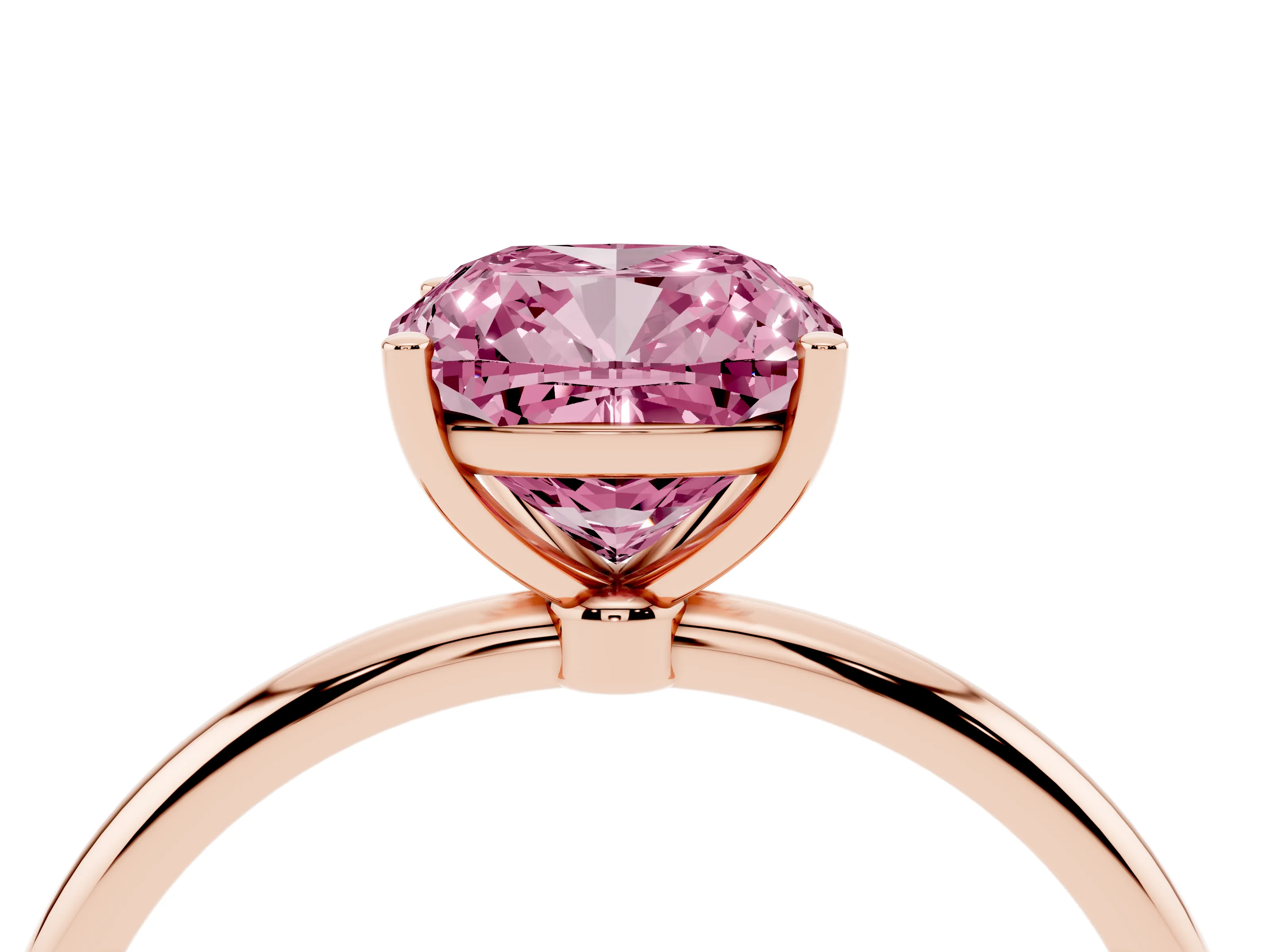 Fancy Pink Cushion Cut Diamond Solitaire Engagement Ring Set in Rose gold with Thin Band and Prong Setting