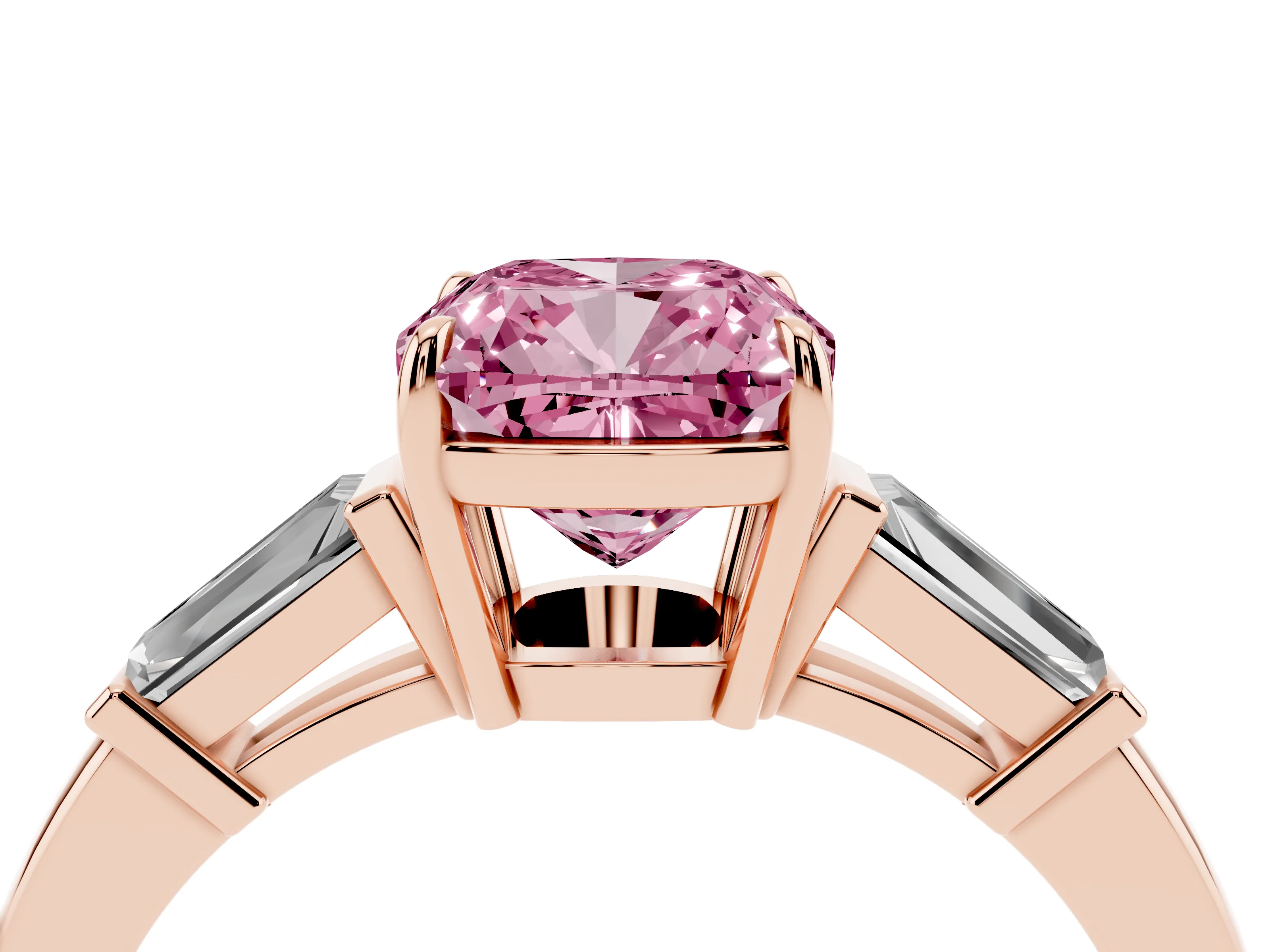 Fancy Pink Cushion Cut Diamond Three-Stone Ring Set in Rose gold with Tapered Baguette Side Stones and Prong Setting