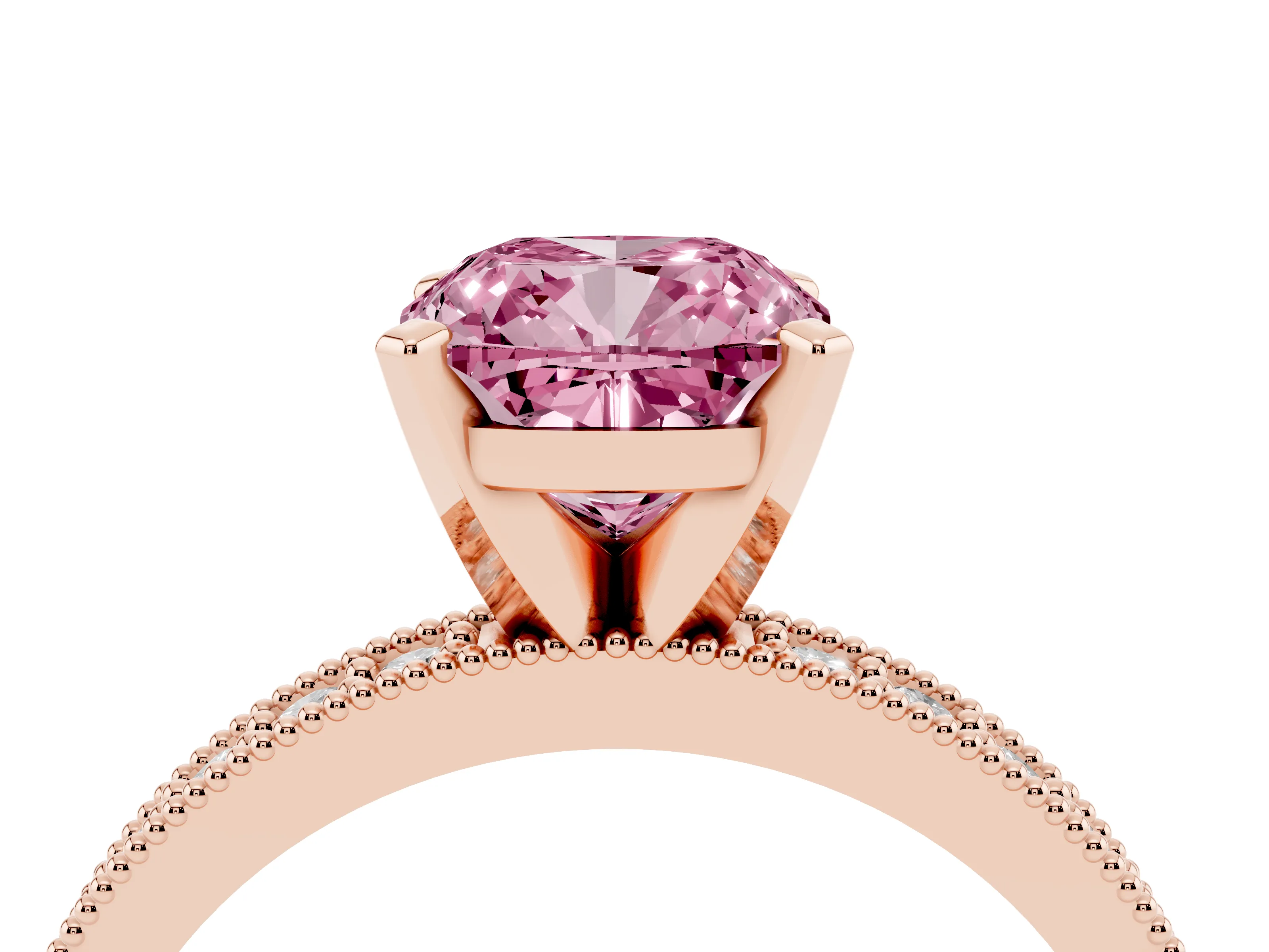 Fancy Pink Cushion Cut Diamond Milgrain Pavé Engagement Ring Set in Rose gold with Prong Setting