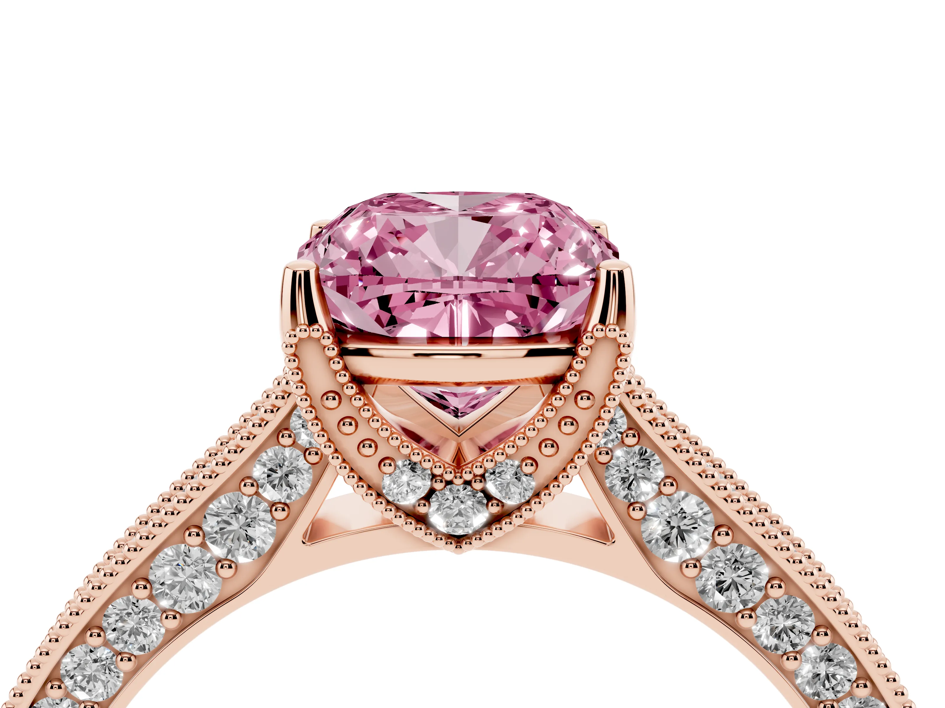 Fancy Pink Cushion Cut Diamond Solitaire Ring Set in Rose gold with Milgrain-Edged Pavé Band and Prong Setting