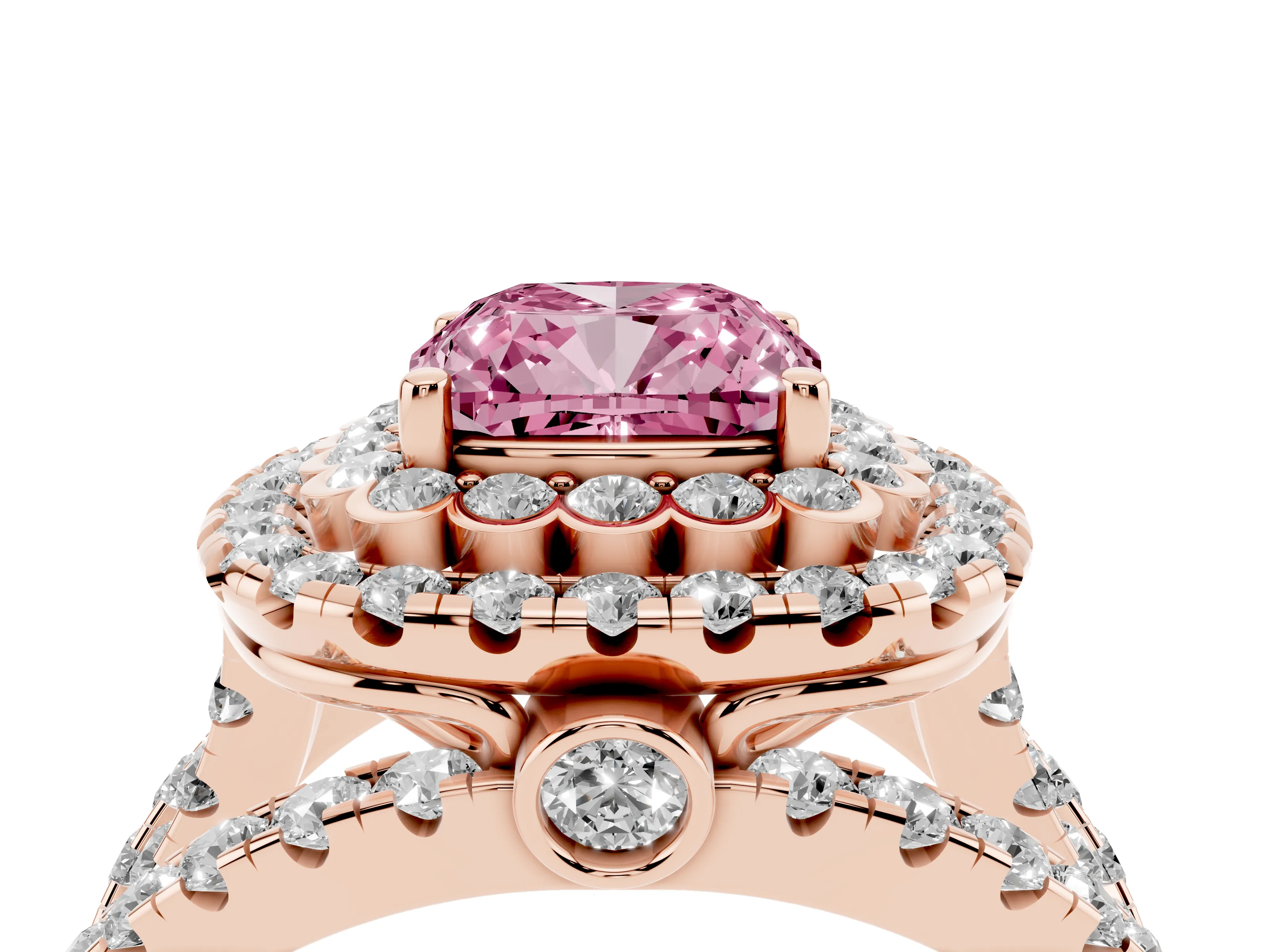 Fancy Pink Cushion Cut Diamond Double Halo Ring Set in Rose gold with Round Pavé Split Shank