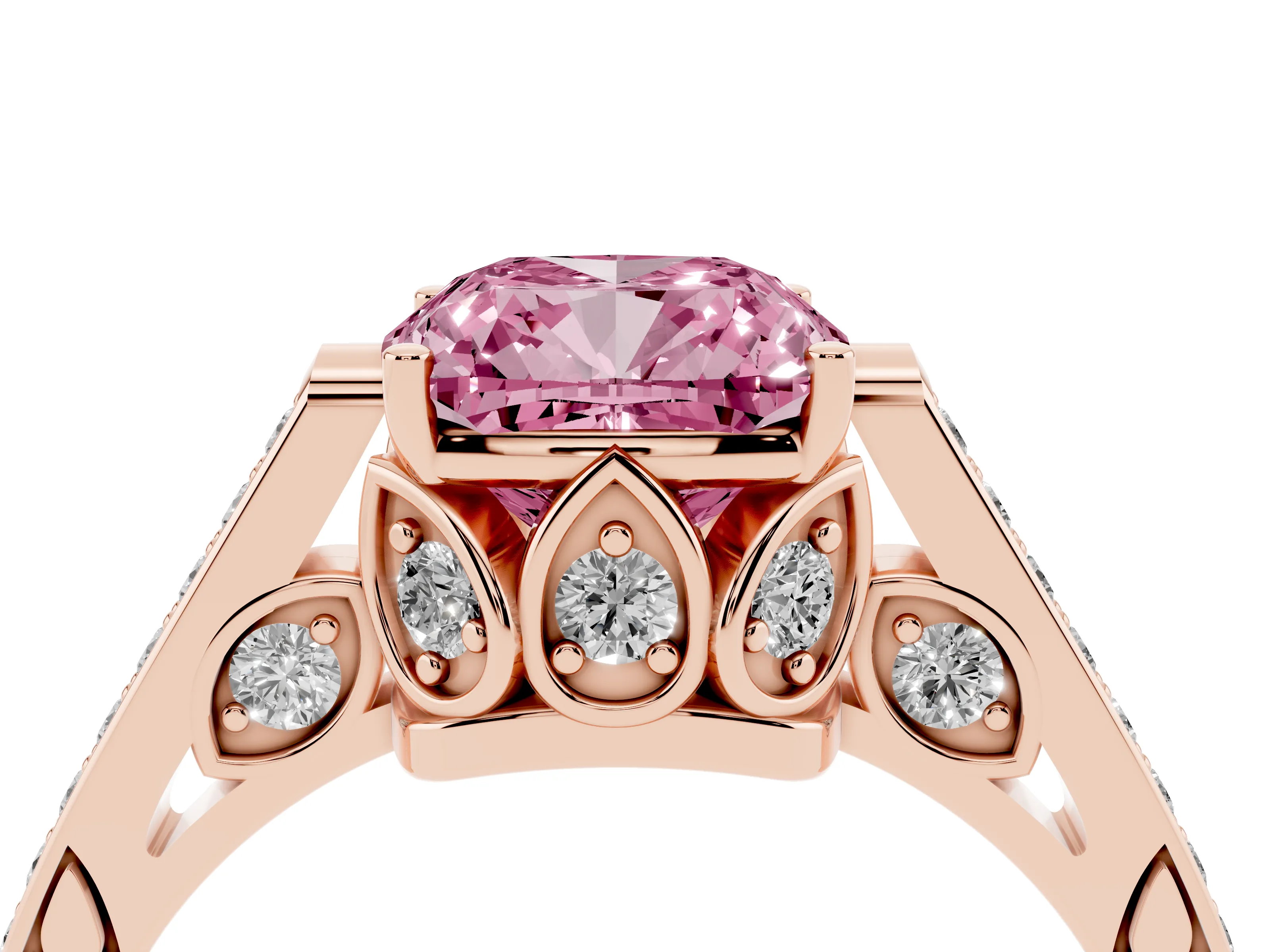 Fancy Pink Cushion Cut Diamond Cathedral Pavé Engagement Ring Set in Rose gold with Prong Setting