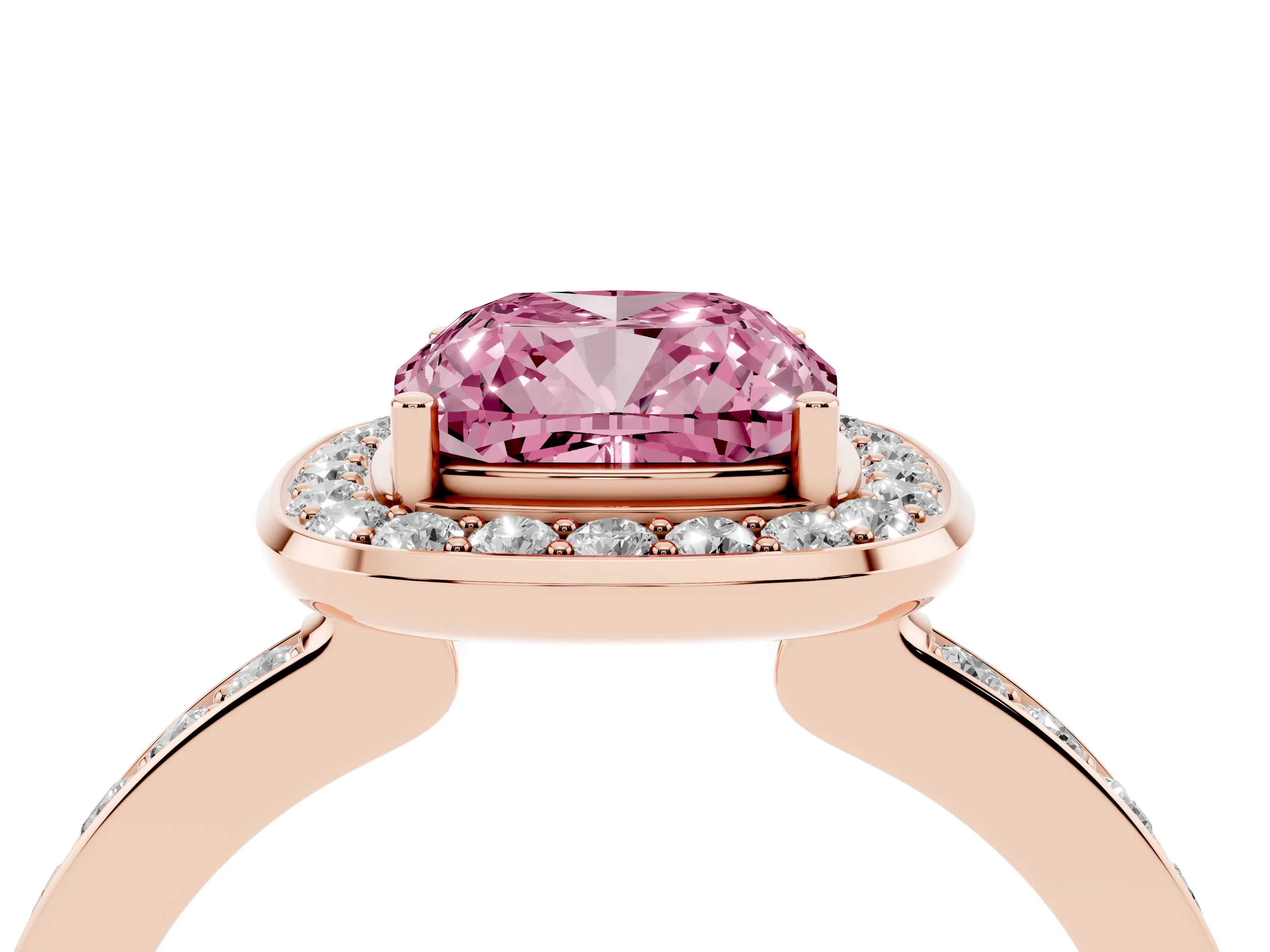 Fancy Pink Cushion Cut Diamond Halo Ring Set in Rose gold with Bezel Frame and Pavé Band