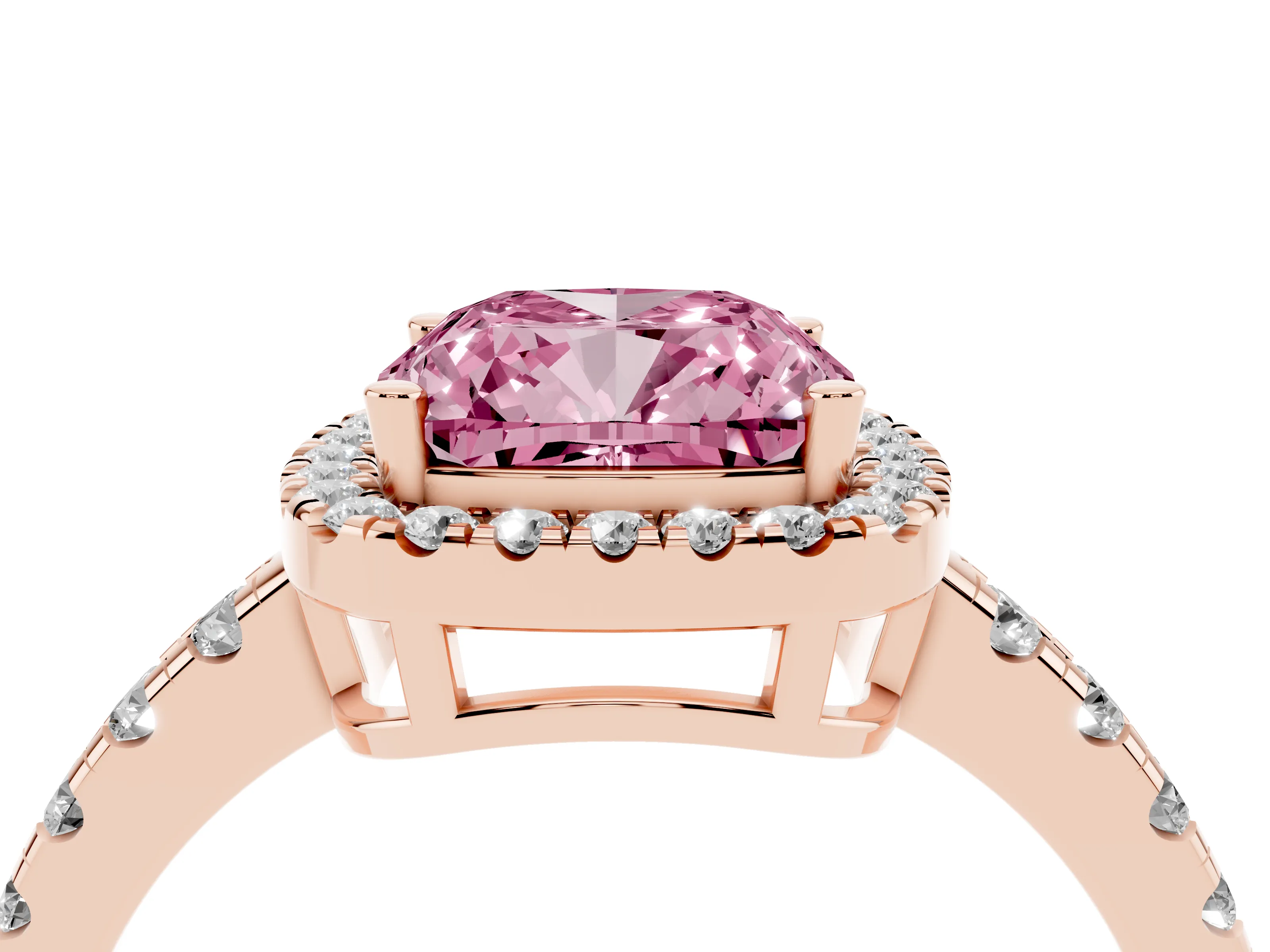 Fancy Pink Cushion Cut Diamond Halo Ring Set in Rose gold with Delicate Pavé Band and Prong Setting