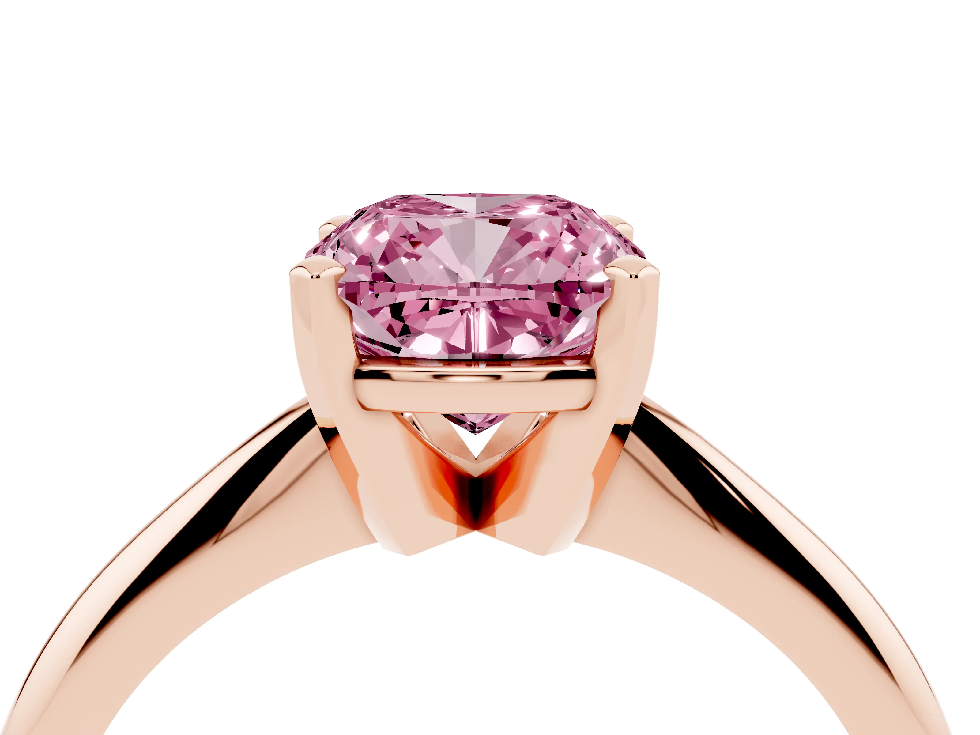 Fancy Pink Cushion Cut Diamond Solitaire Ring Set in Rose gold with Prong Setting on a Plain Round Band